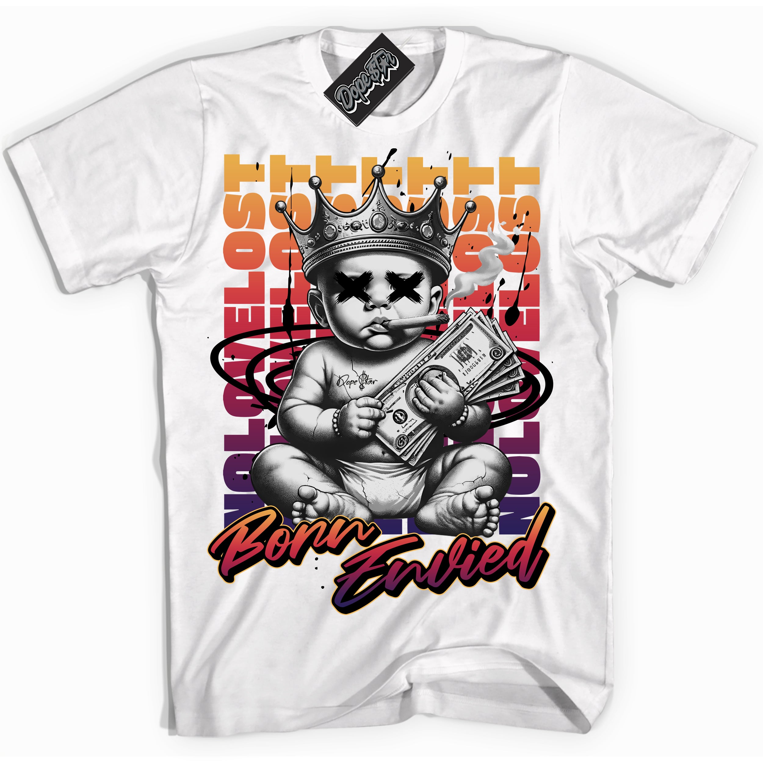 Cool White Shirt with “Born Envied” design that perfectly matches the J Balvin Rio 3s Sneakers.