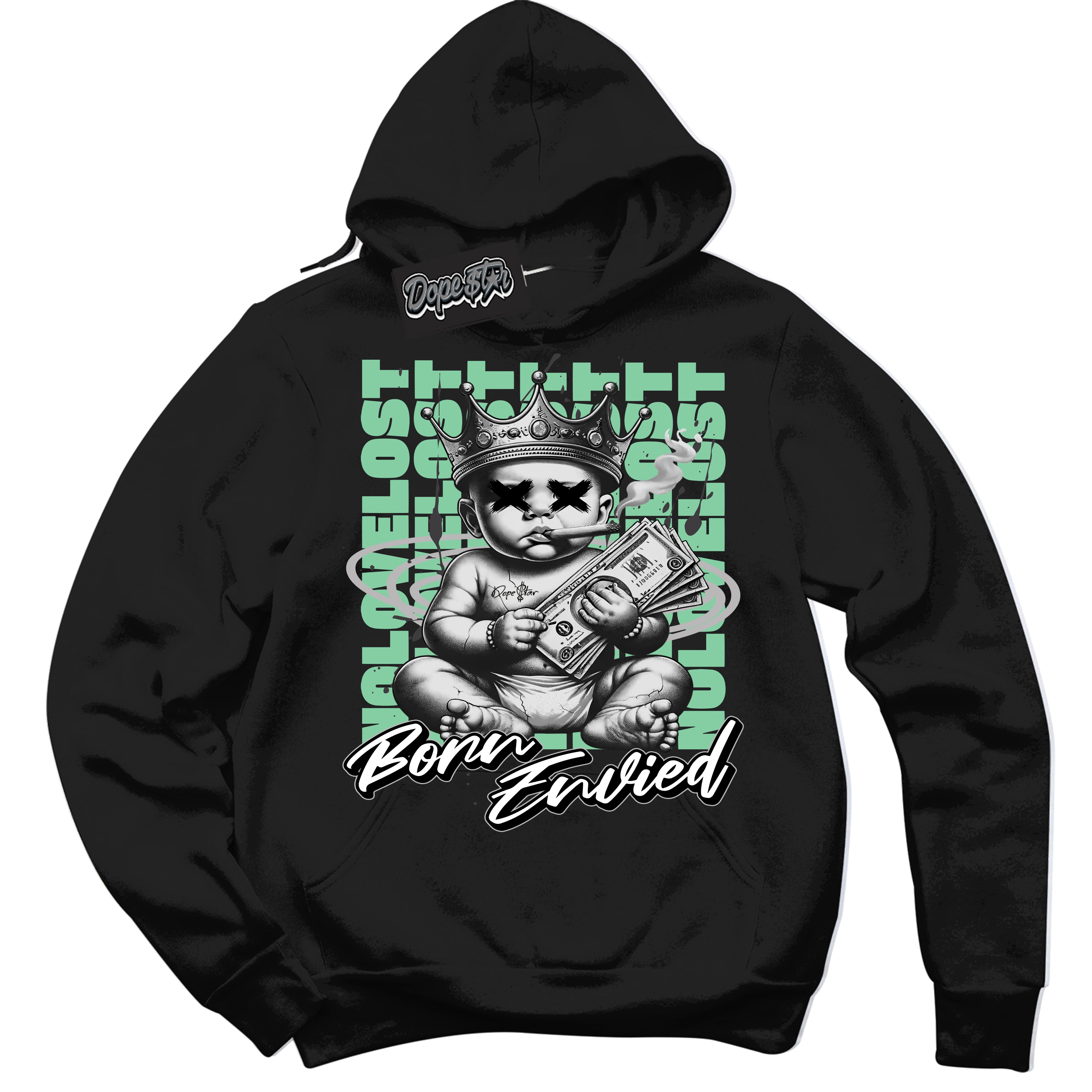 Cool Black Hoodie with “Born Envied” design that Perfectly Matches Green Glow 3s Sneakers.