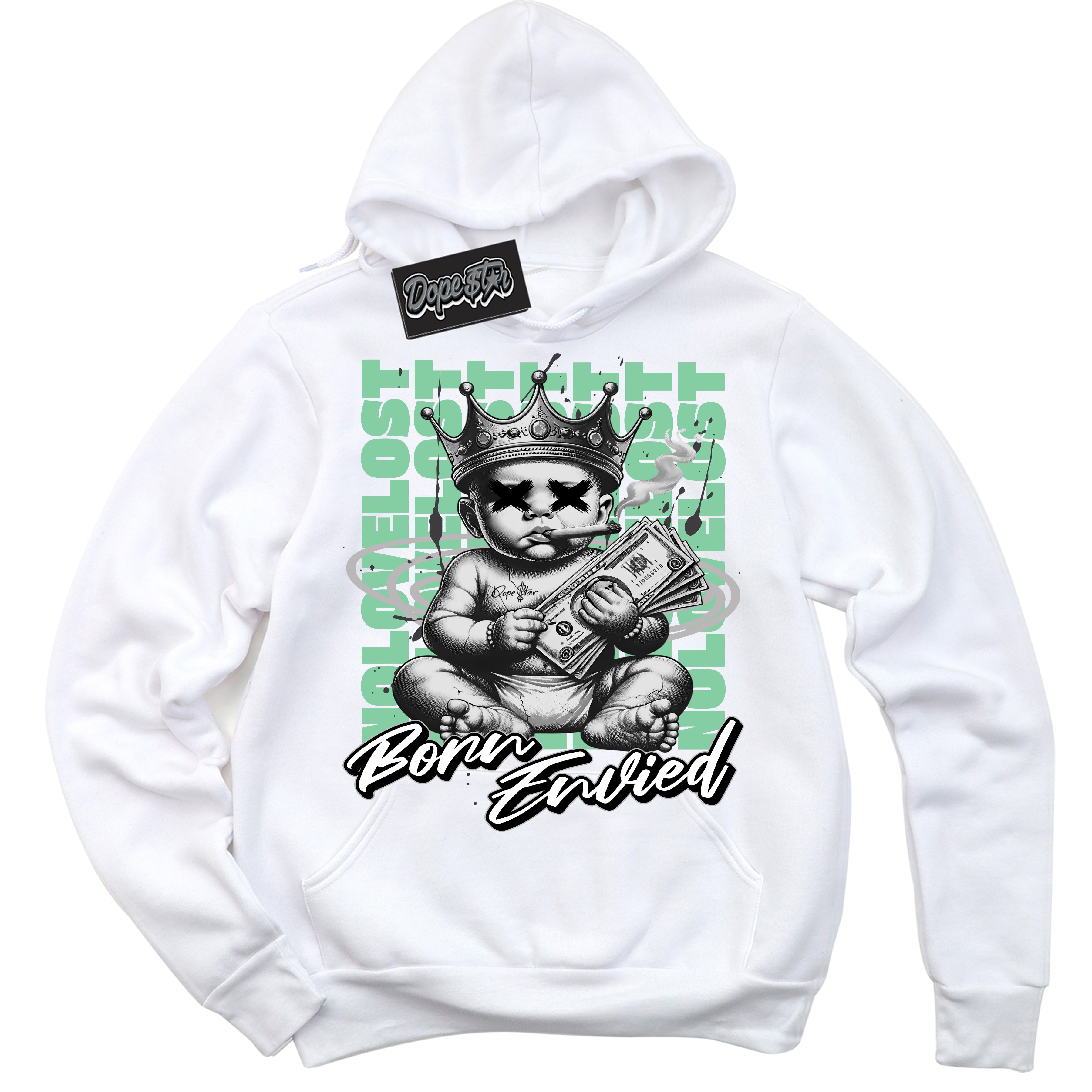 Cool White Hoodie with “Born Envied” design that Perfectly Matches Green Glow 3s Sneakers.