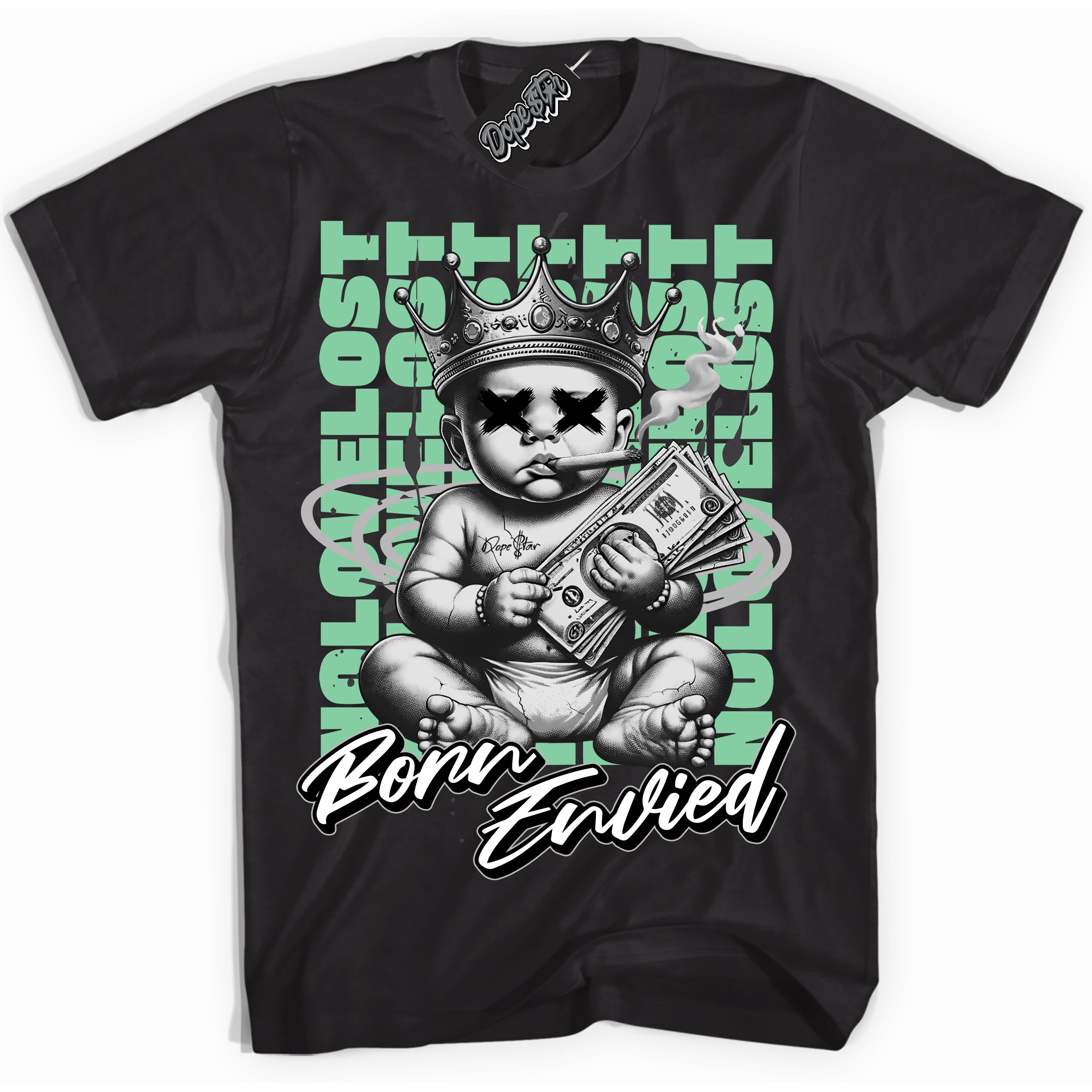 Cool Black Shirt with “Born Envied” design that perfectly matches the Green Glow 3s Sneakers.