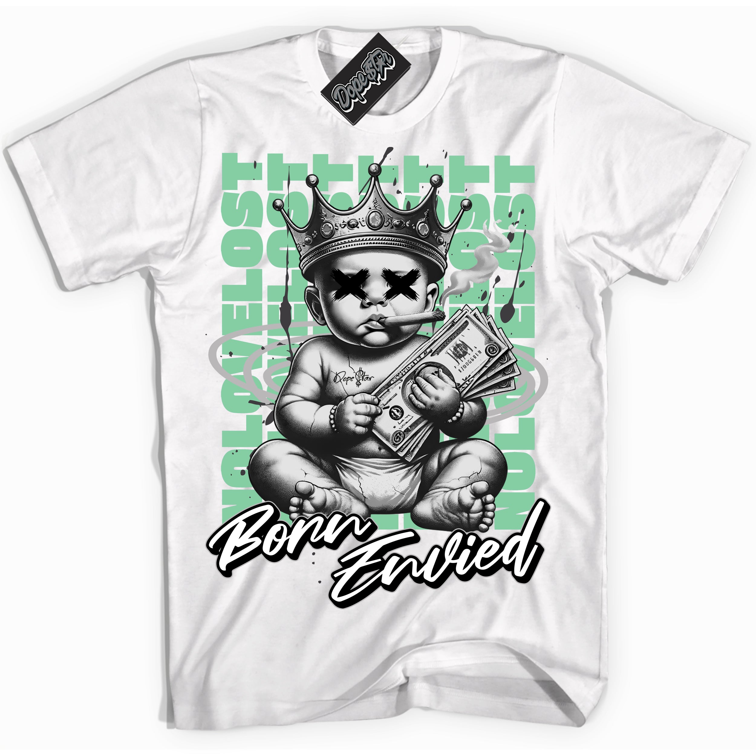 Cool White Shirt with “Born Envied” design that perfectly matches the Green Glow 3s Sneakers.