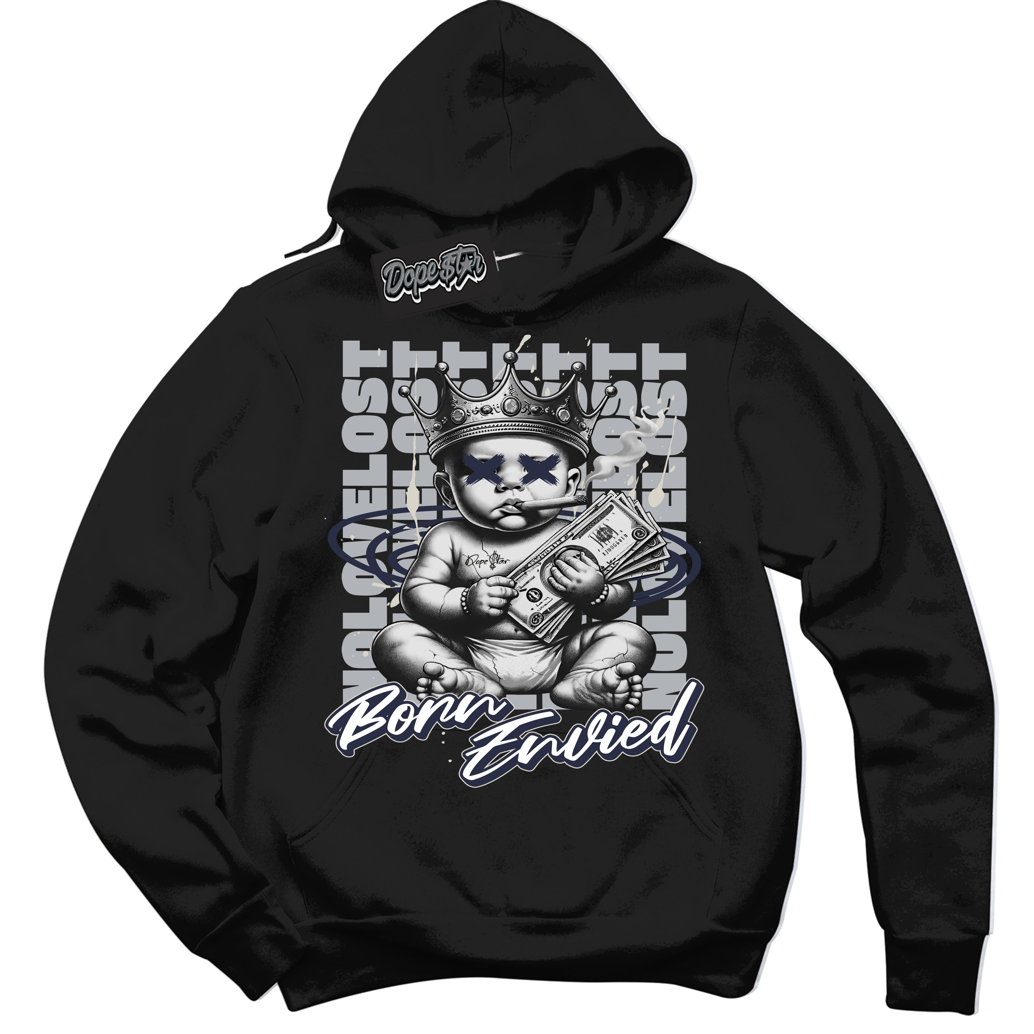 Cool Black Hoodie with “Born Envied” design that Perfectly Matches Midnight Navy 3s Sneakers.