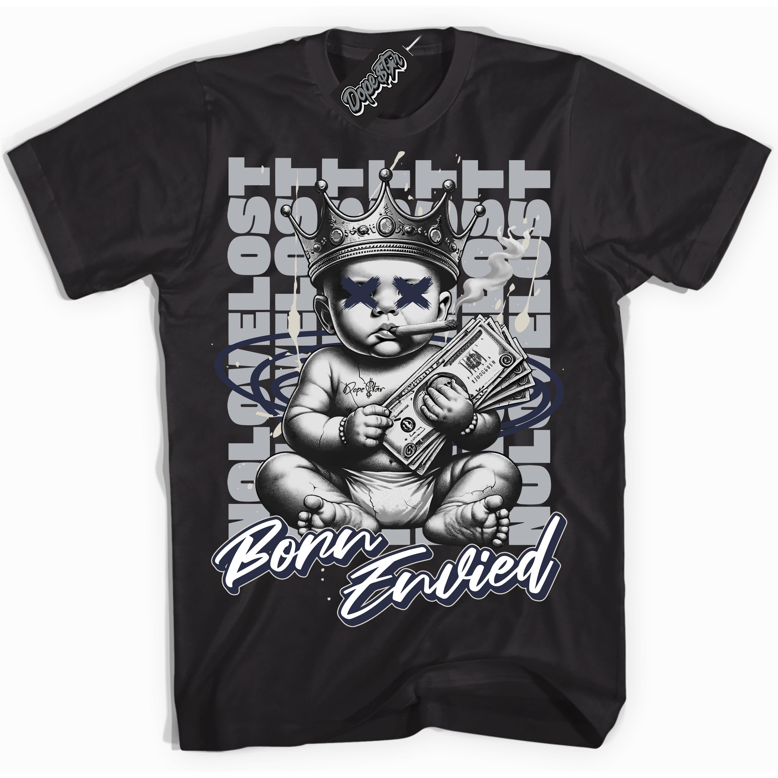 Cool Black Shirt with “Born Envied” design that perfectly matches the Midnight Navy 3s Sneakers.