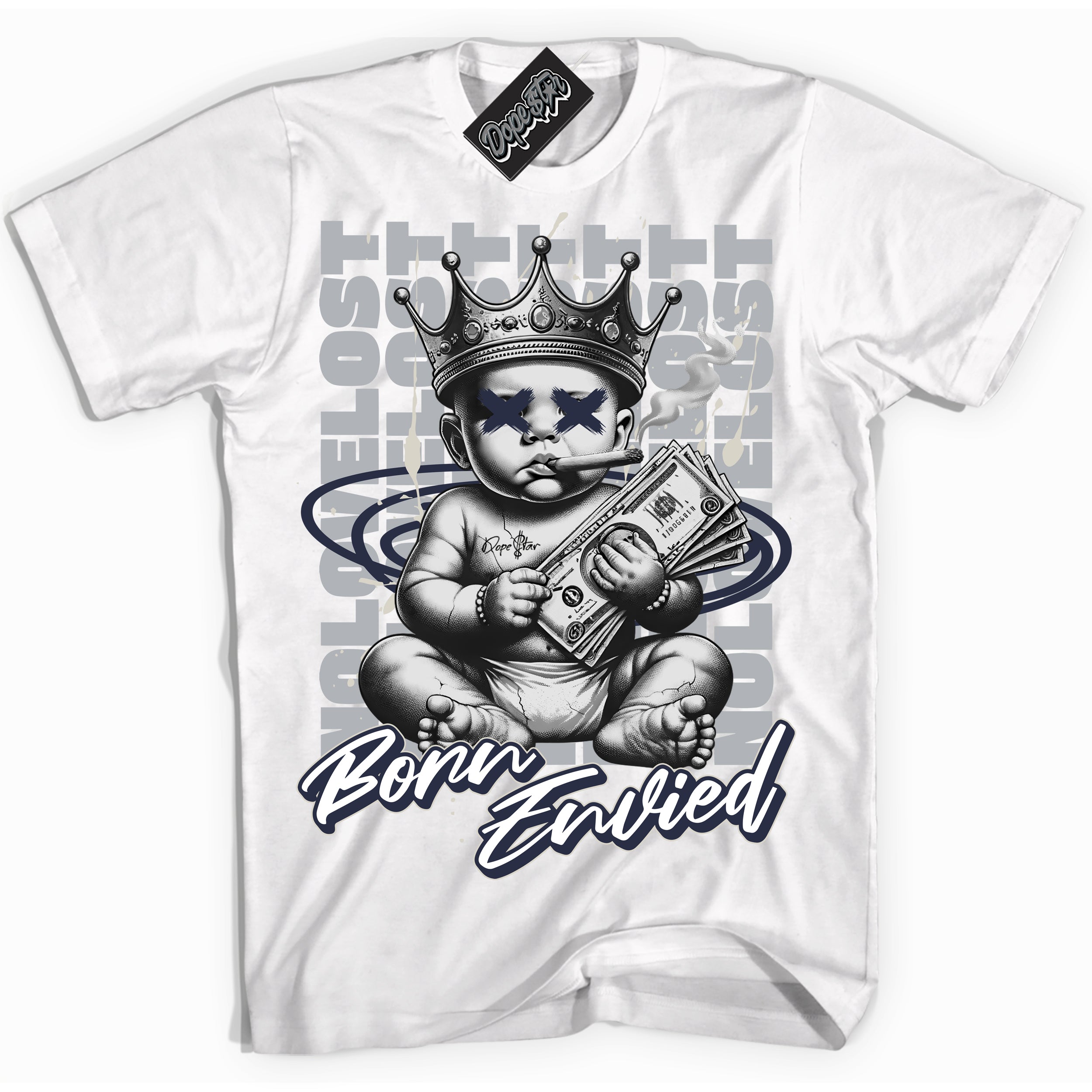 Cool White Shirt with “Born Envied” design that perfectly matches the Midnight Navy 3s Sneakers.