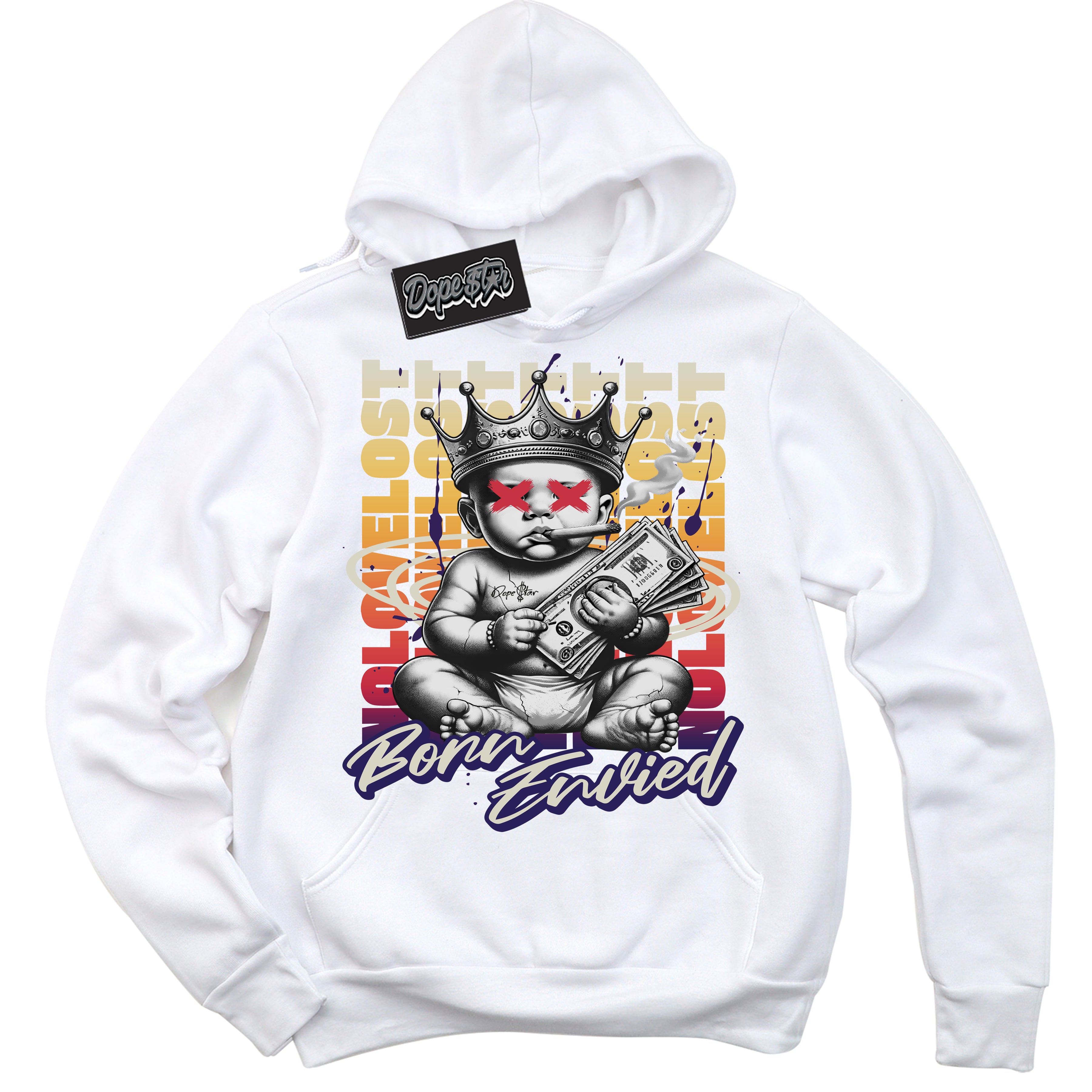 Cool White Hoodie with “Born Envied” design that Perfectly Matches J Balvin Sunset 3s Sneakers.