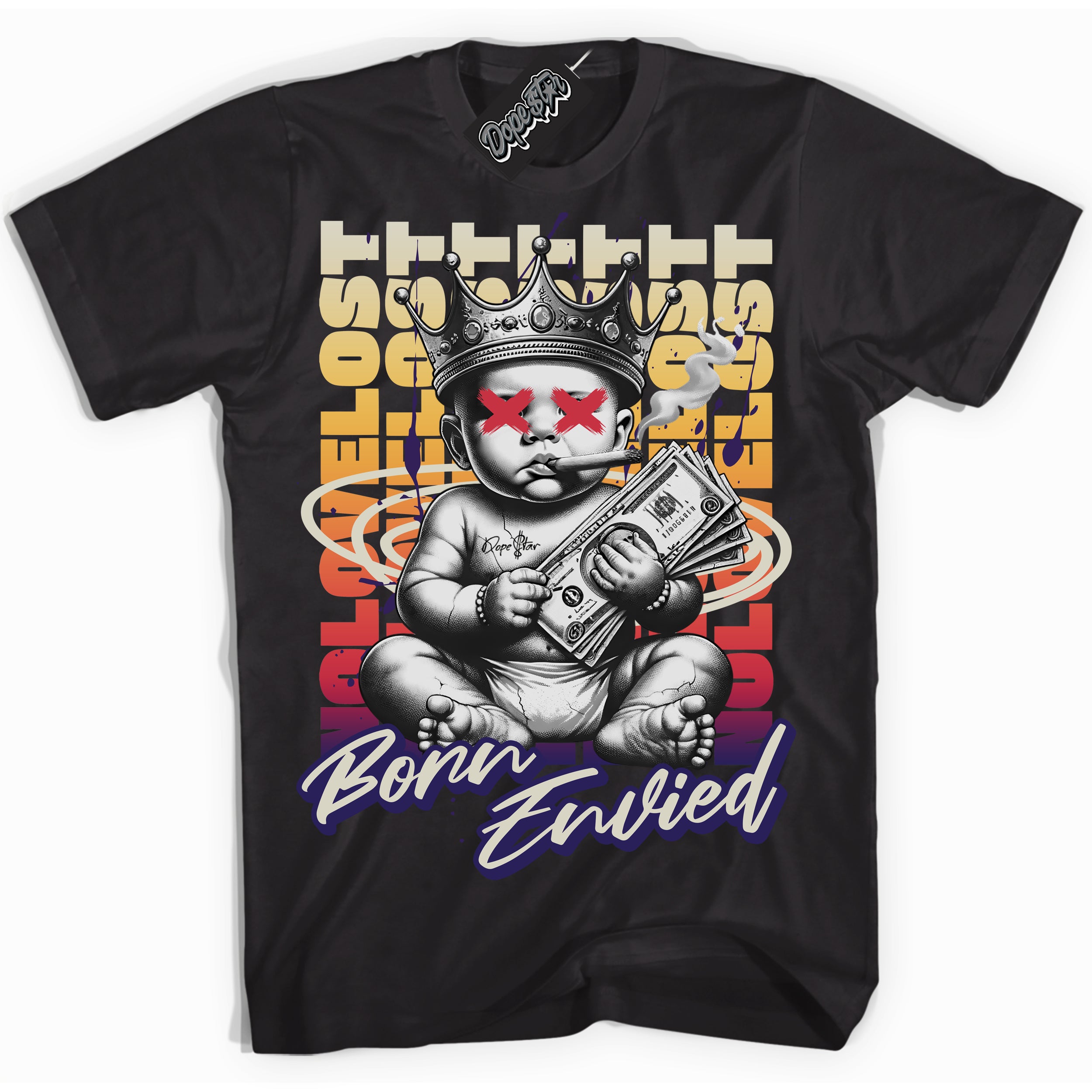 Cool Black Shirt with “Born Envied” design that perfectly matches the J Balvin Sunset 3s Sneakers.