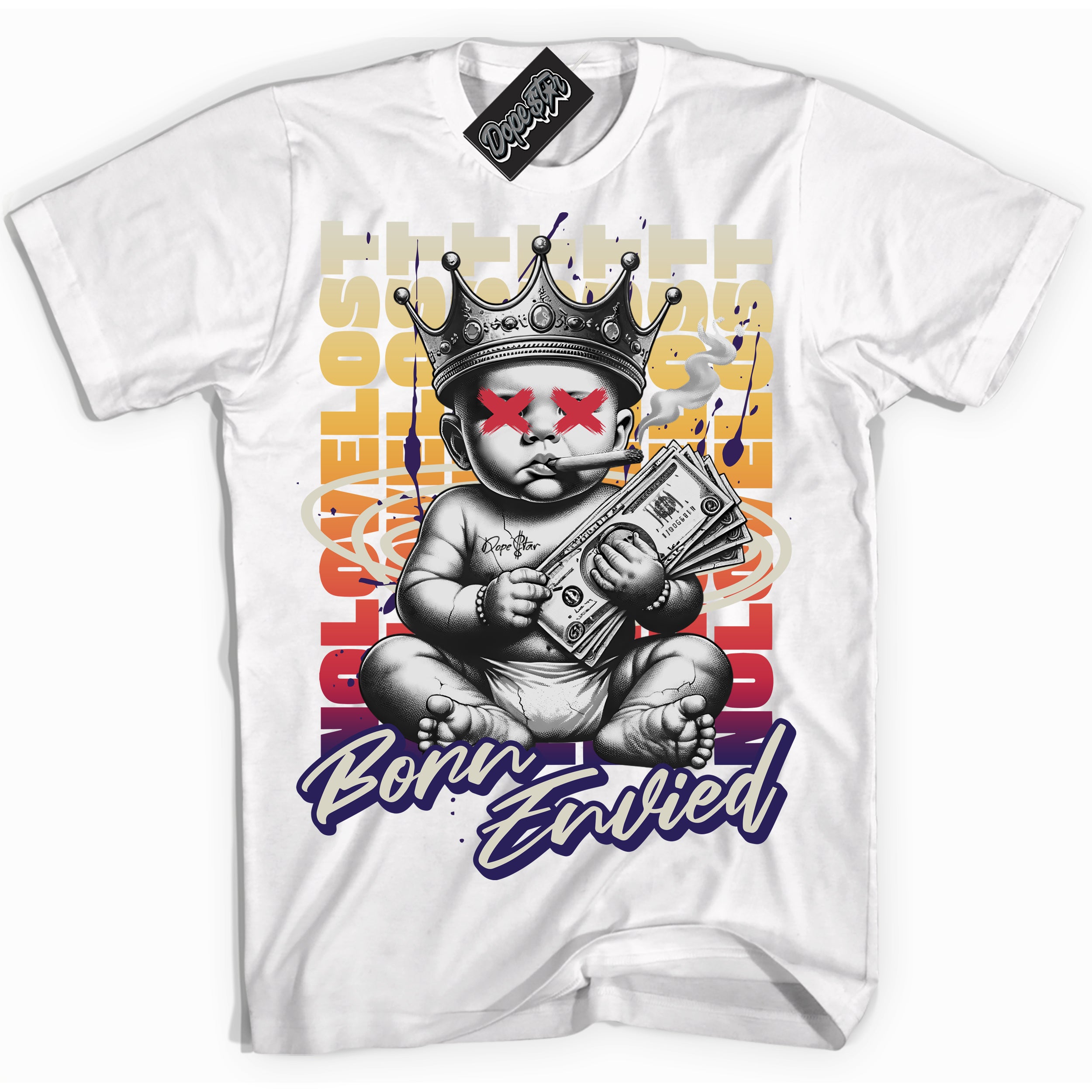 Cool White Shirt with “Born Envied” design that perfectly matches the J Balvin Sunset 3s Sneakers.