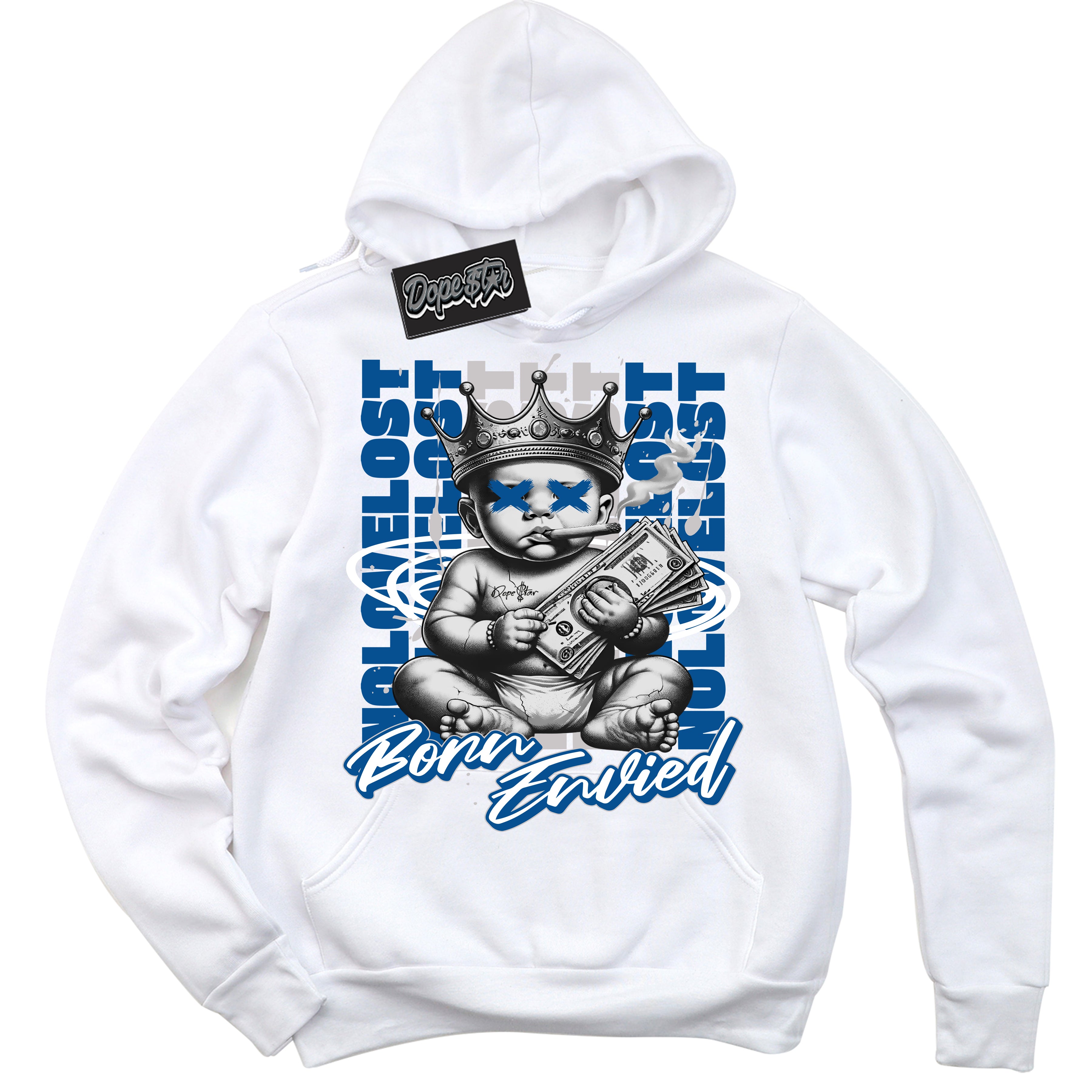 Cool White Hoodie with “Born Envied” design that Perfectly Matches Military Blue 4s Sneakers.