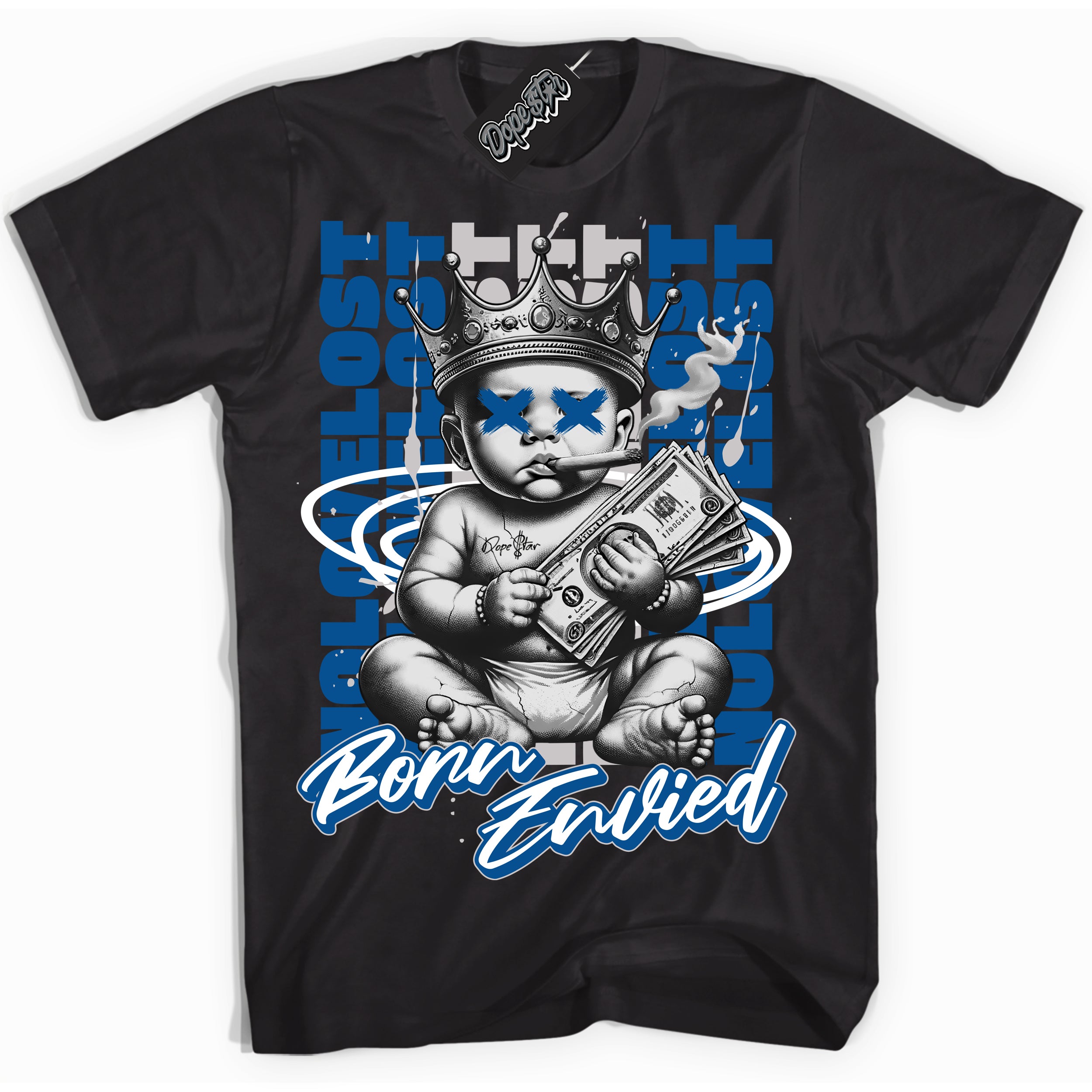 Cool Black Shirt with “Born Envied” design that perfectly matches the Military Blue 4s Sneakers.