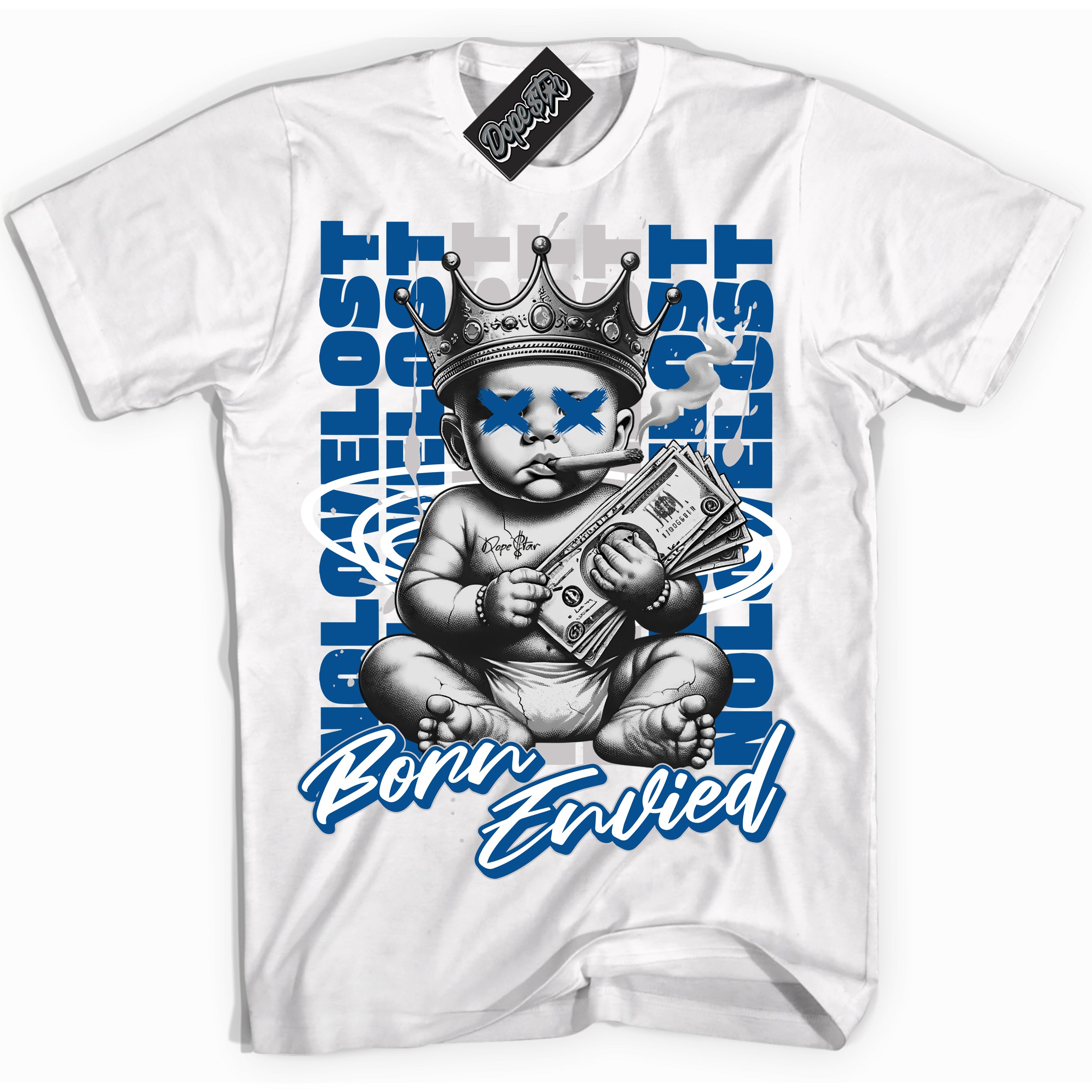 Cool White Shirt with “Born Envied” design that perfectly matches the Military Blue 4s Sneakers.