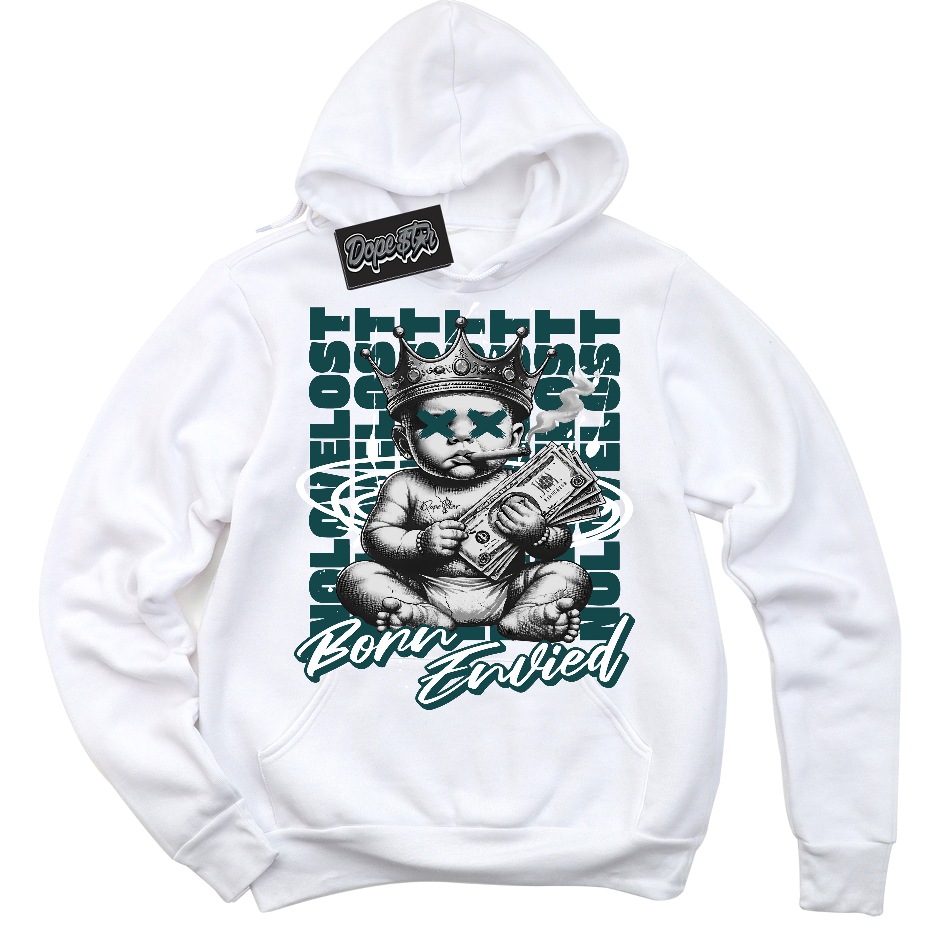 Cool White Hoodie with “Born Envied” design that Perfectly Matches Oxidised Green 4s Sneakers.