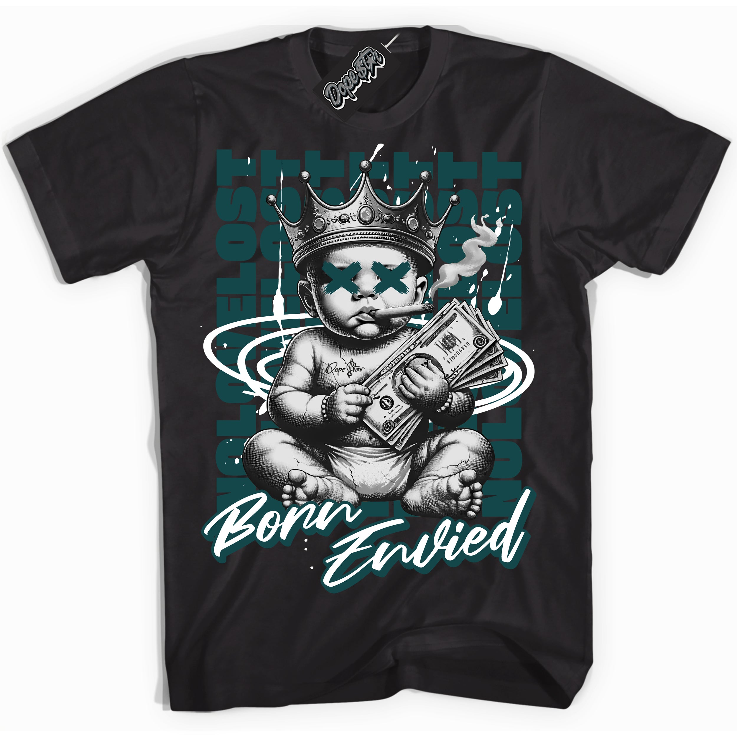 Cool Black Shirt with “Born Envied” design that perfectly matches the Oxidised Green 4s Sneakers.