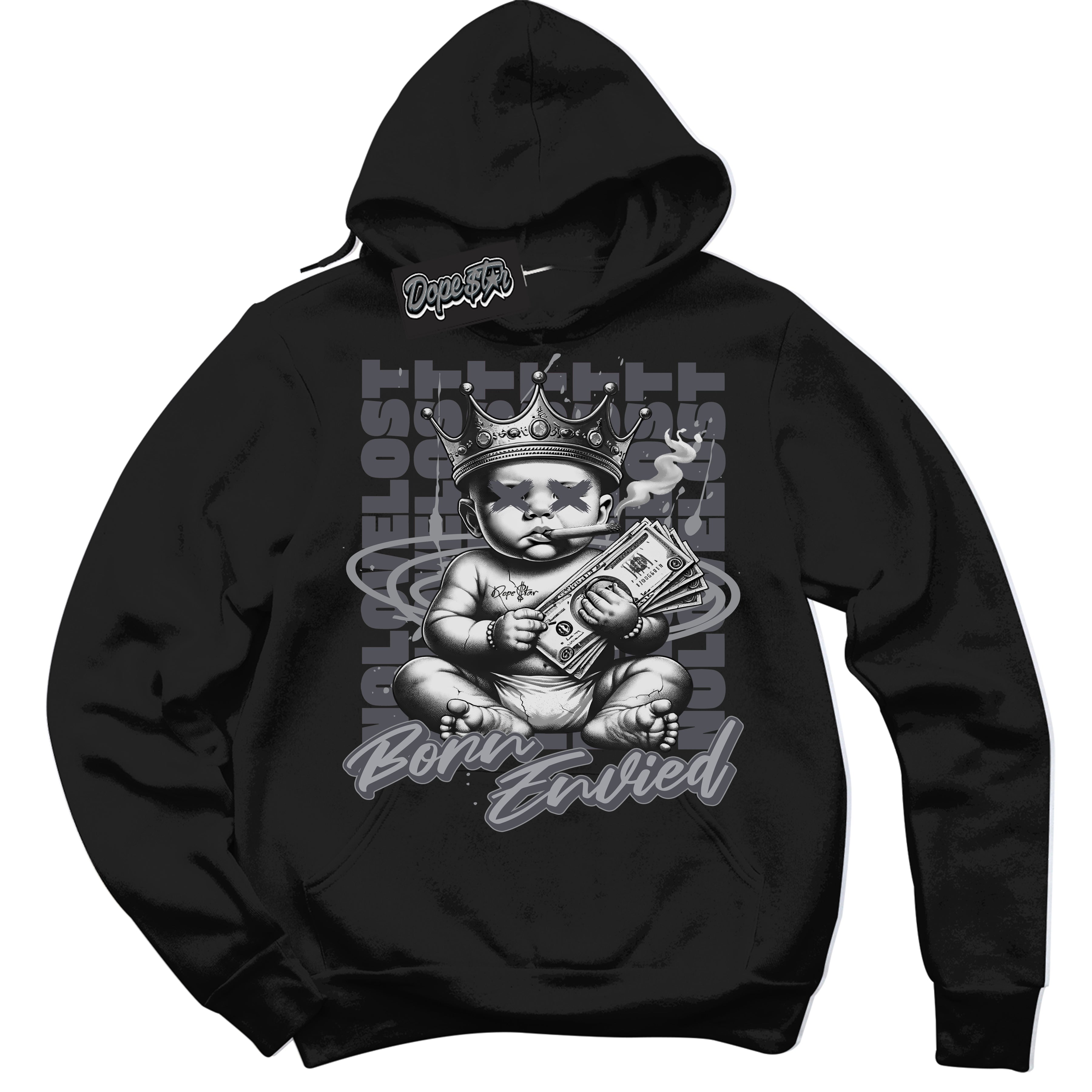 Cool Black Hoodie with “Born Envied” design that Perfectly Matches Paris Olympics Wet Cement 4s Sneakers.