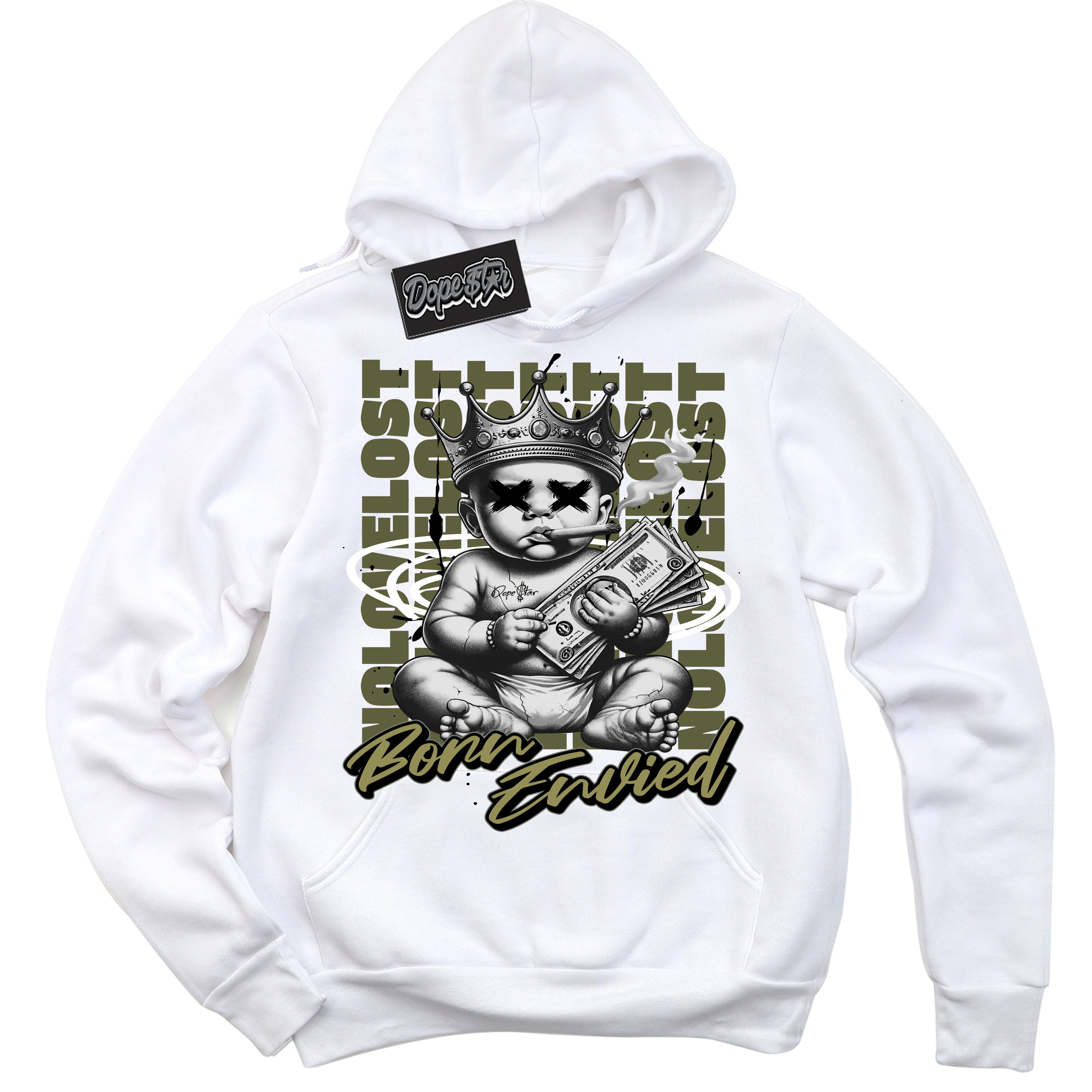 Cool White Hoodie with “Born Envied” design that Perfectly Matches Craft Olive 4s Sneakers.