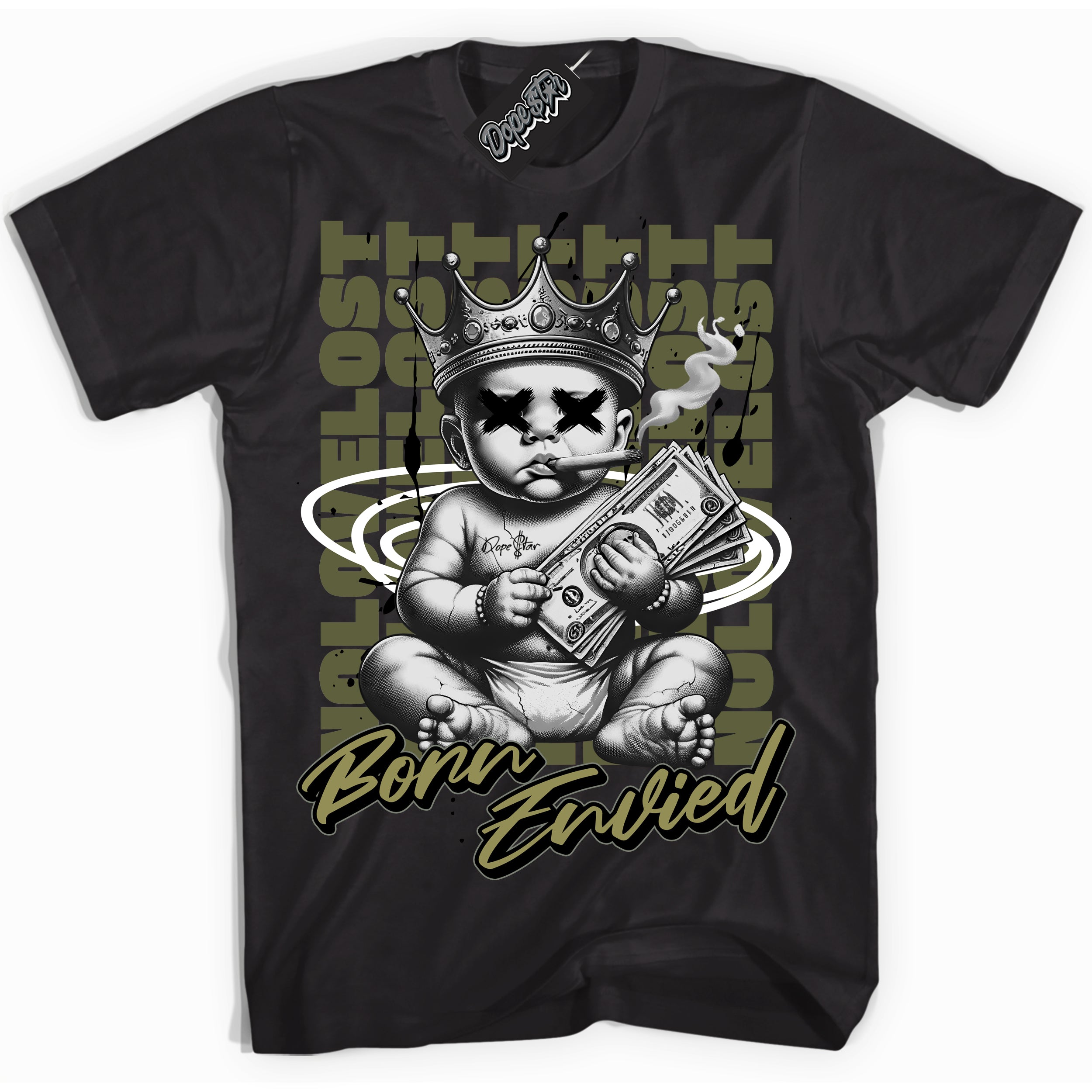 Cool Black Shirt with “Born Envied” design that perfectly matches the Craft Olive 4s Sneakers.