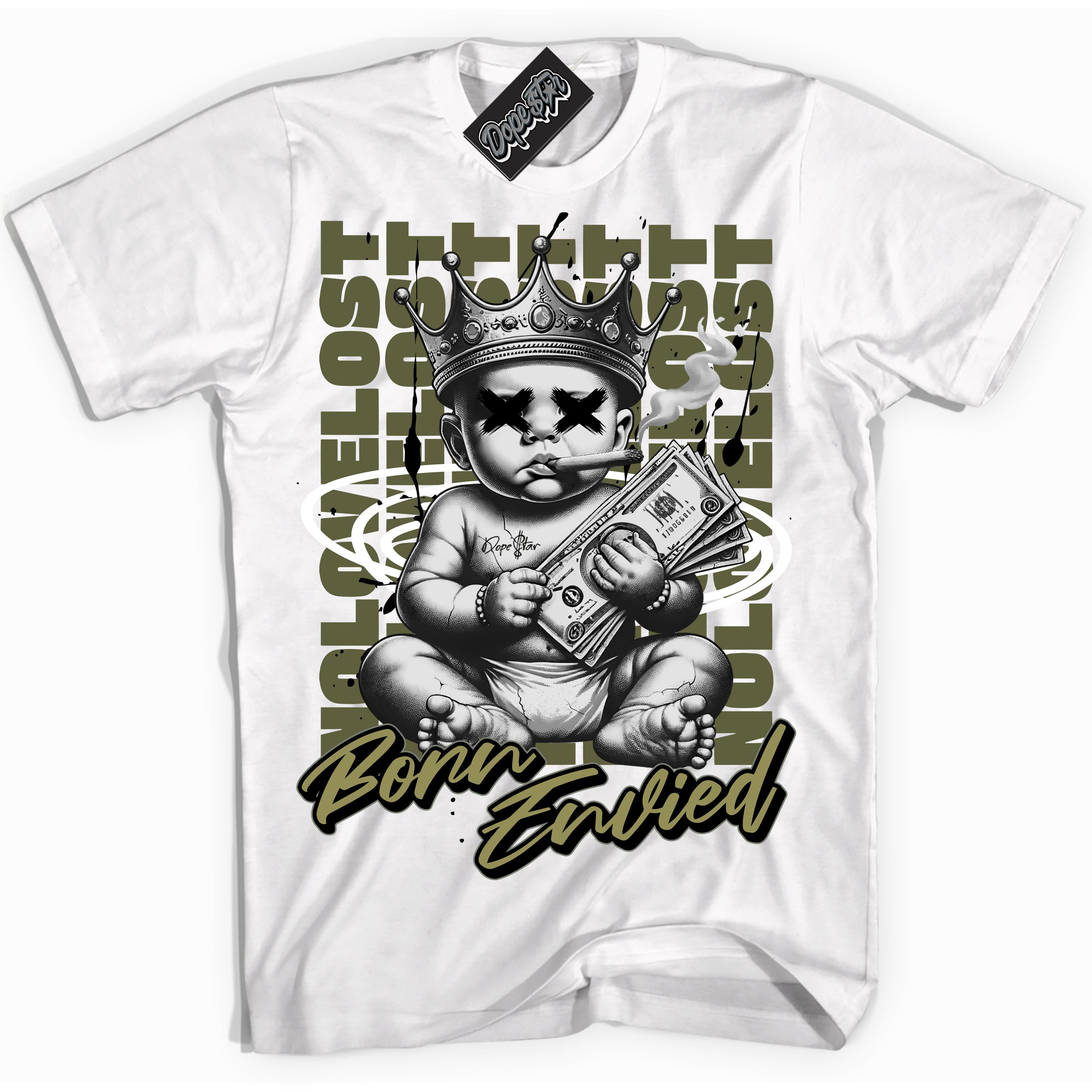 Cool White Shirt with “Born Envied” design that perfectly matches the Craft Olive 4s Sneakers.