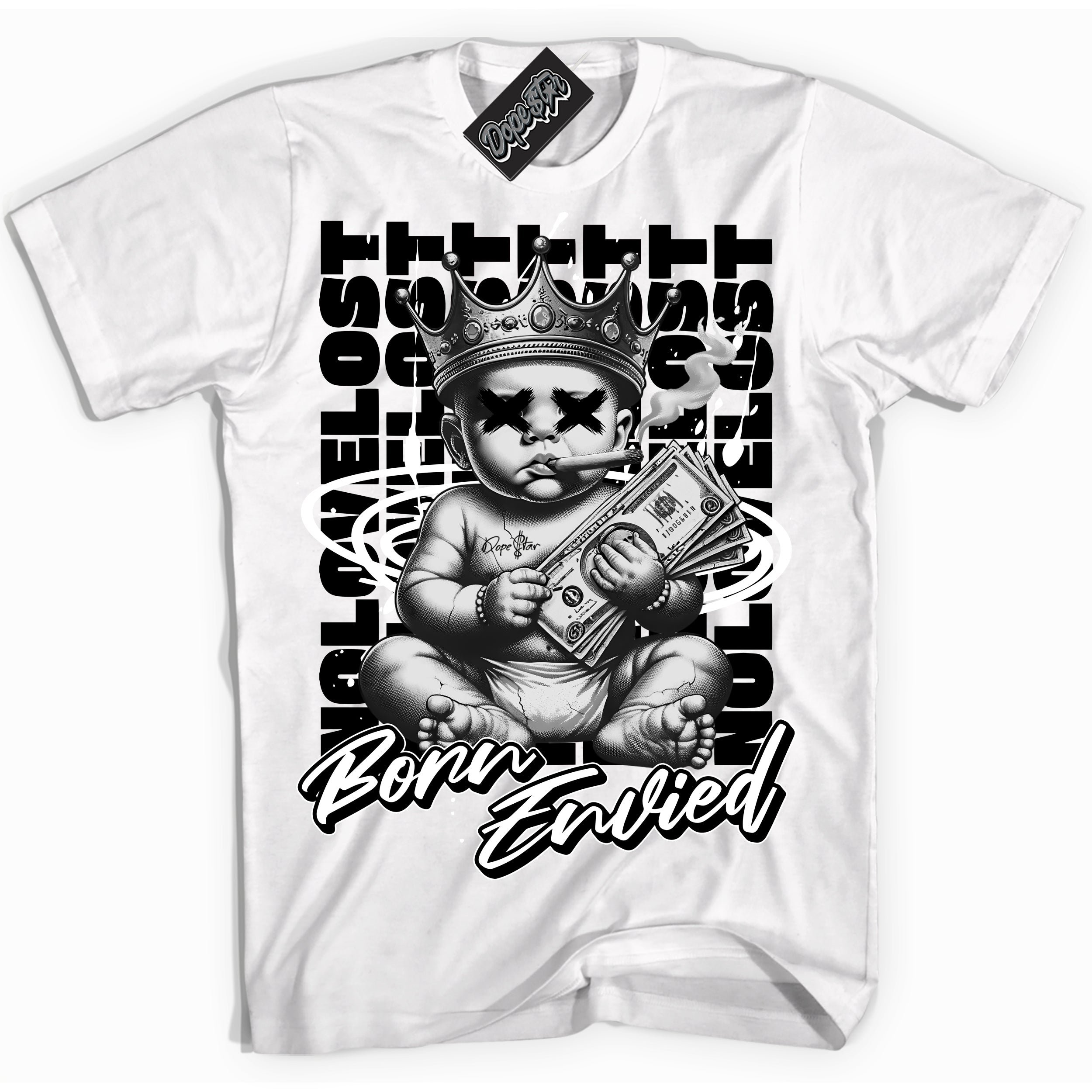 Cool White Shirt with “Born Envied” design that perfectly matches the White Thunder 4s Sneakers.