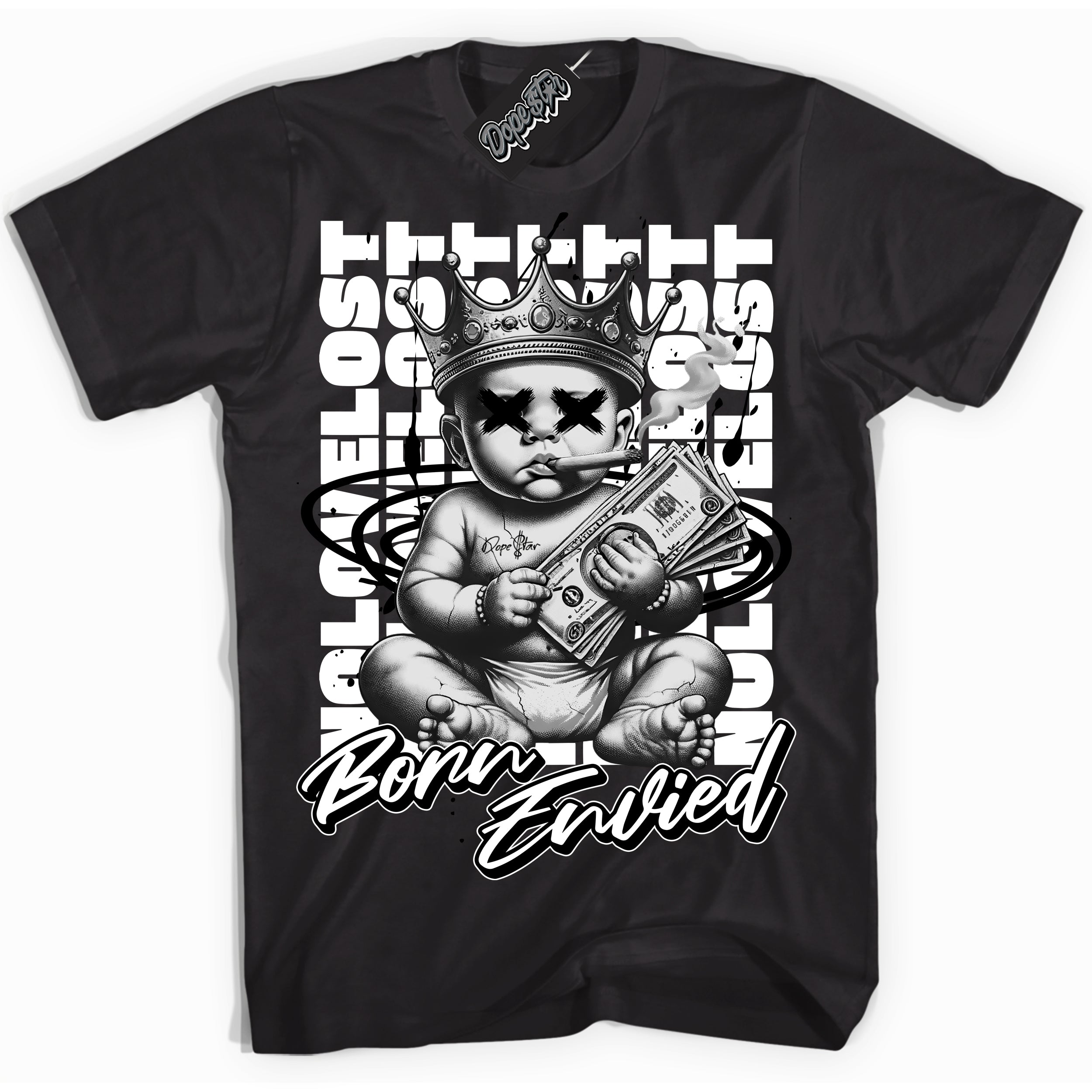 Cool Black Shirt with “Born Envied” design that perfectly matches the White Thunder 4s Sneakers.