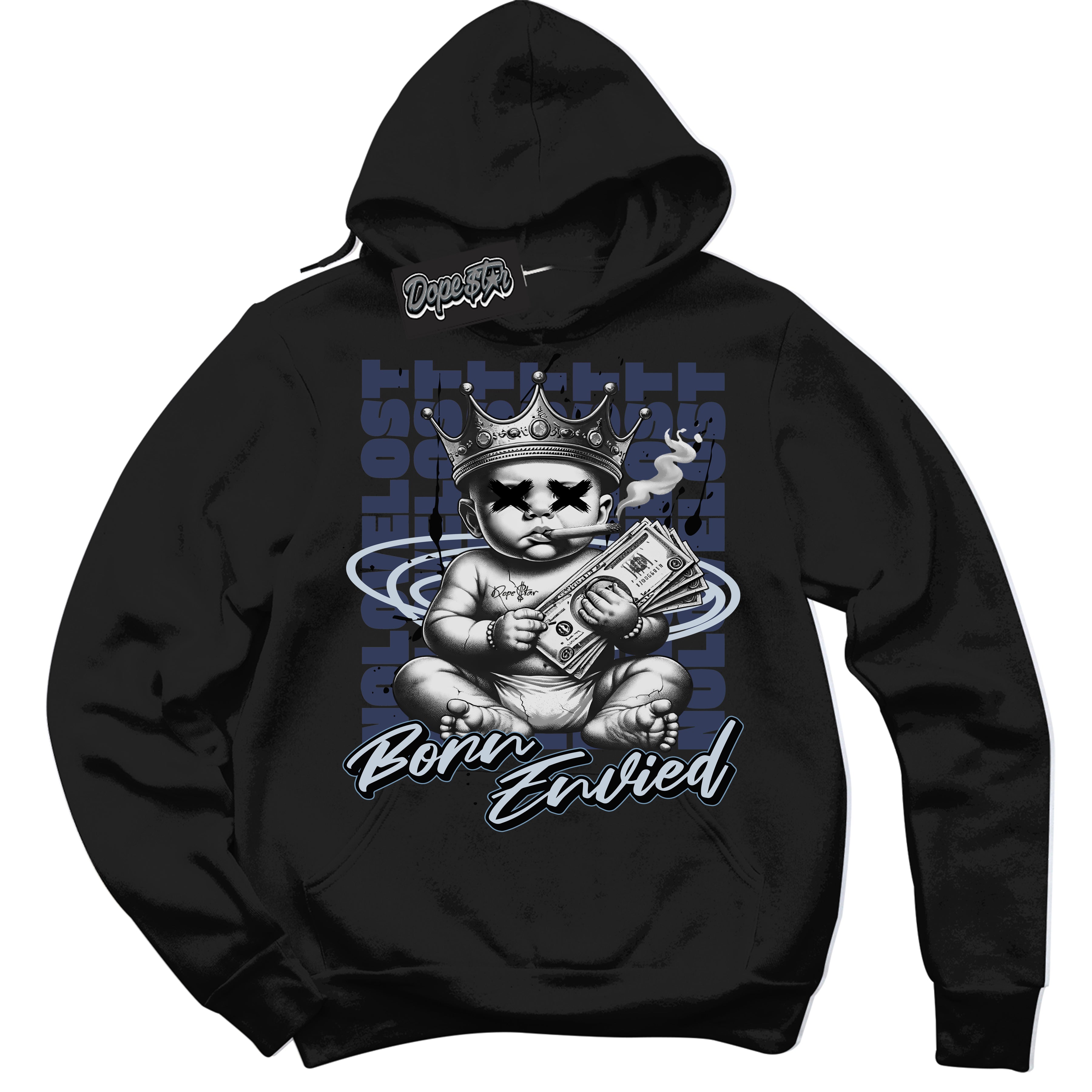 Cool Black Hoodie with “Born Envied” design that Perfectly Matches Midnight Navy 5s Sneakers.