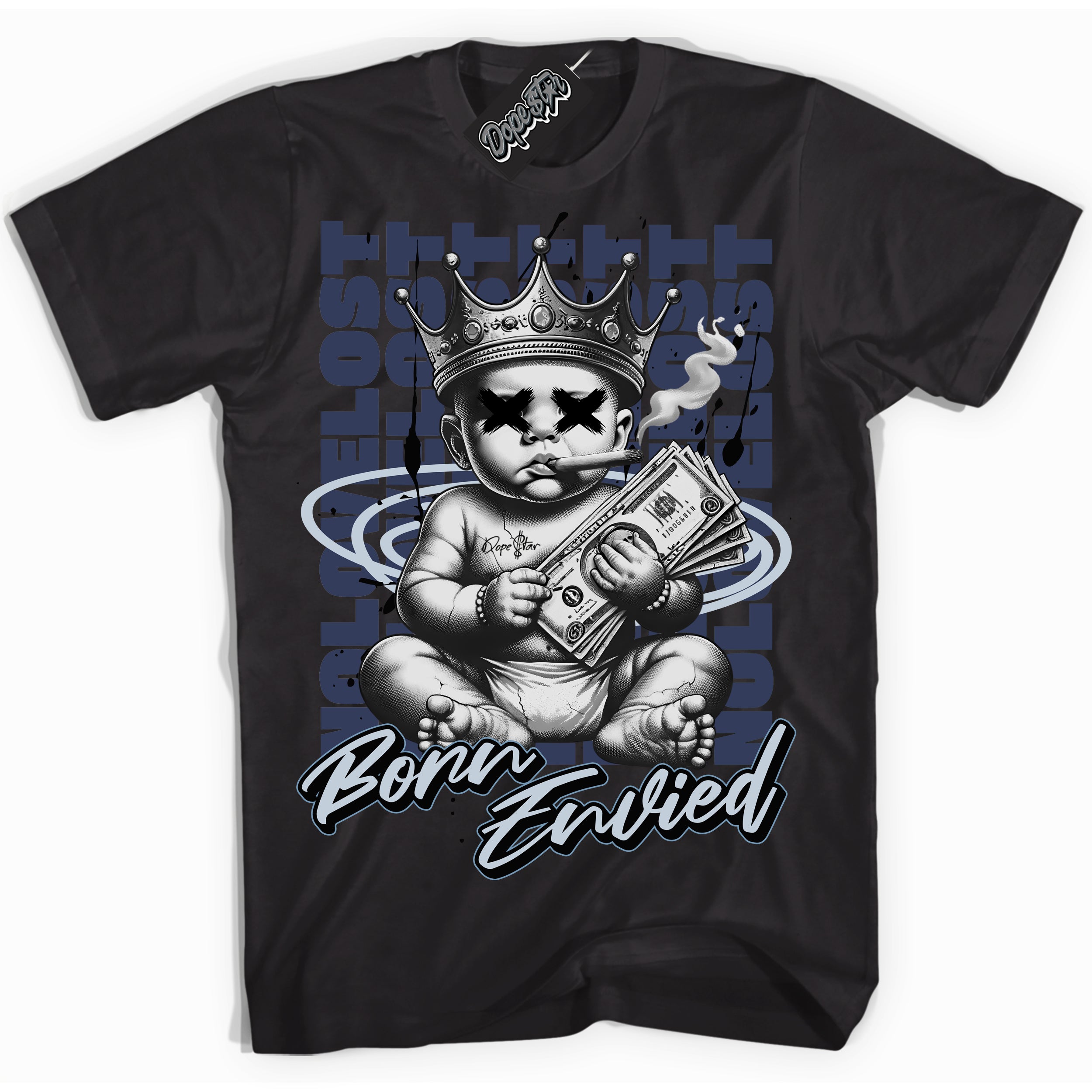 Cool Black Shirt with “Born Envied” design that perfectly matches the Midnight Navy 5s Sneakers.