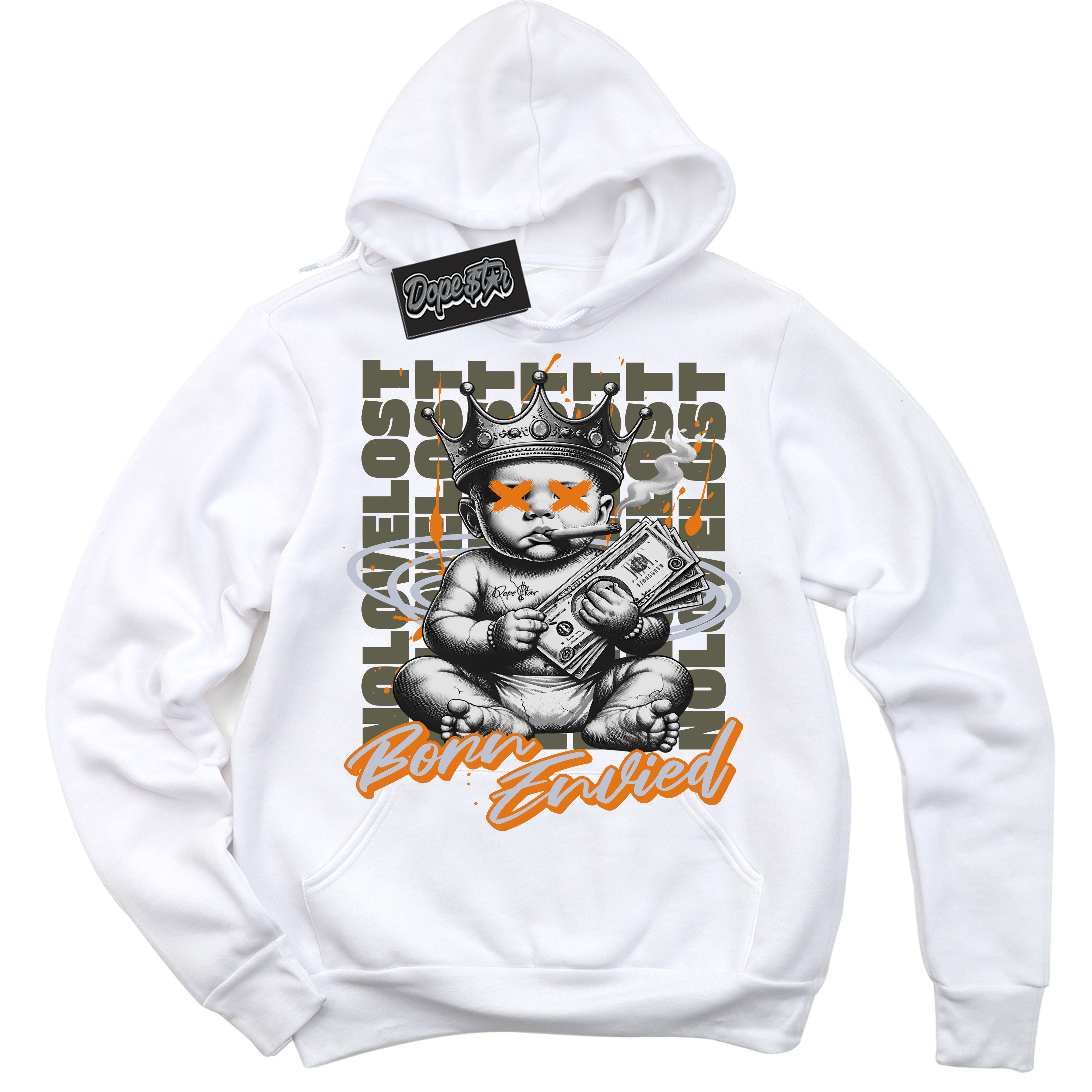 Cool White Hoodie with “Born Envied” design that Perfectly Matches Olive 5s Sneakers.