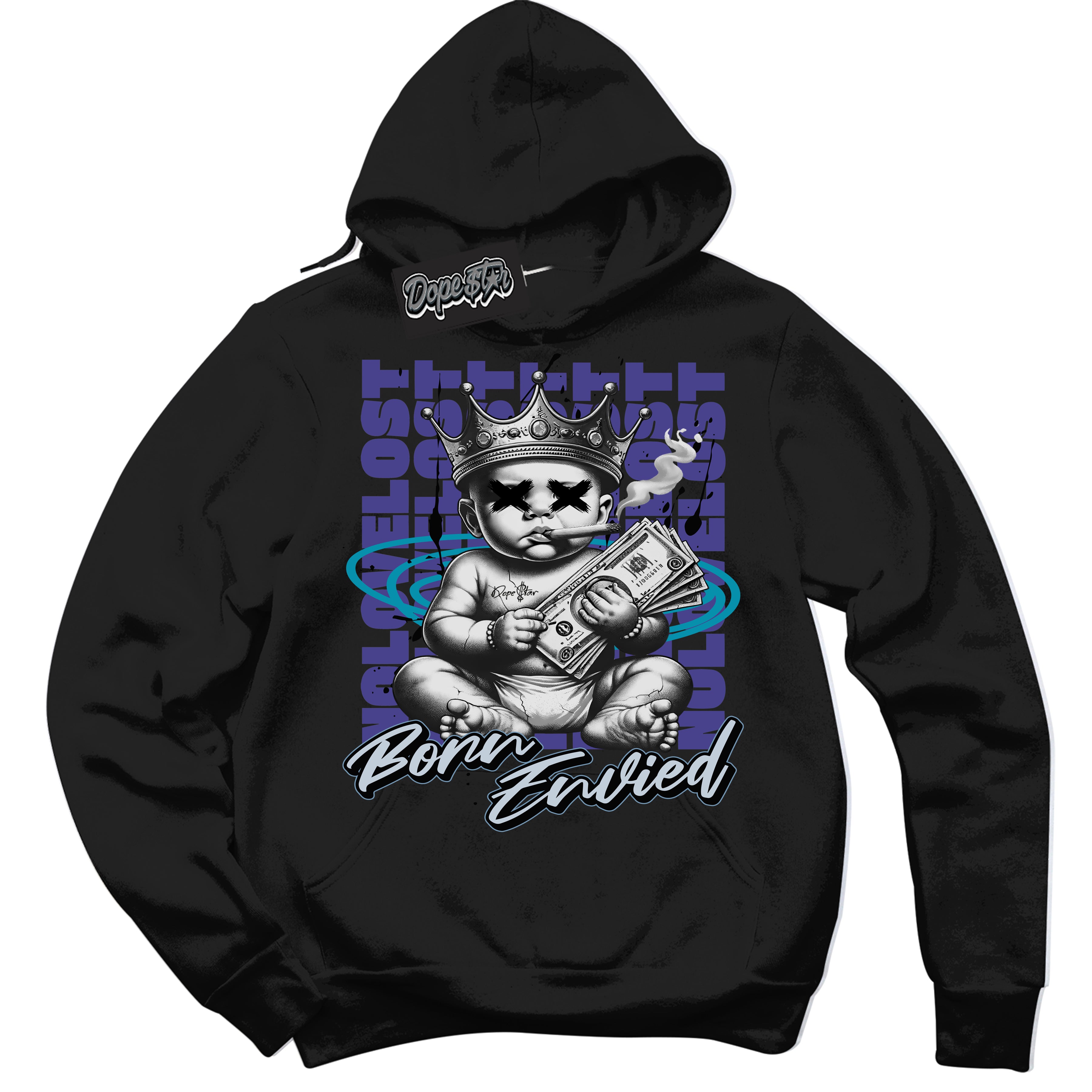 Cool Black Hoodie with “Born Envied” design that Perfectly Matches Aqua 6s Sneakers.