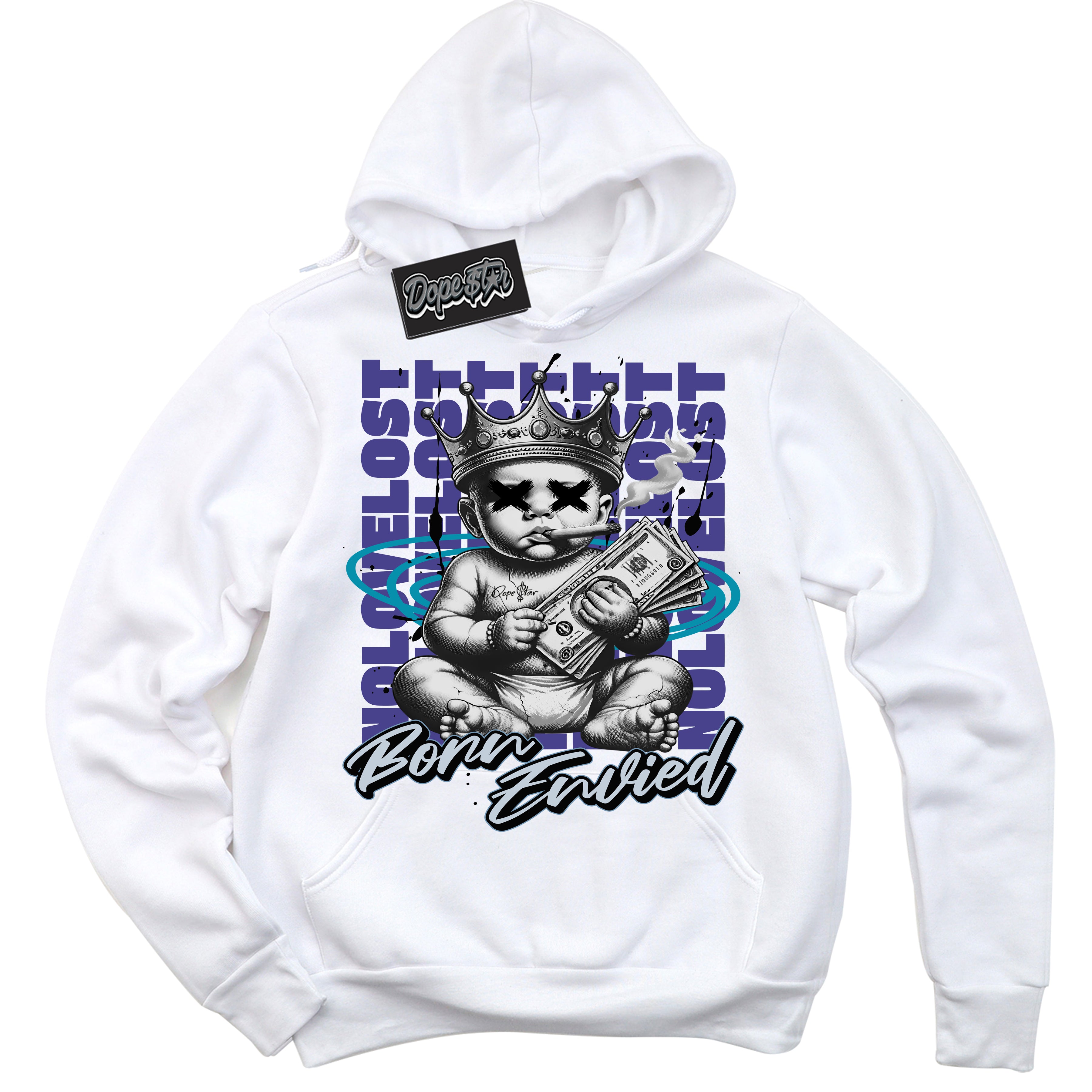 Cool White Hoodie with “Born Envied” design that Perfectly Matches Aqua 6s Sneakers.