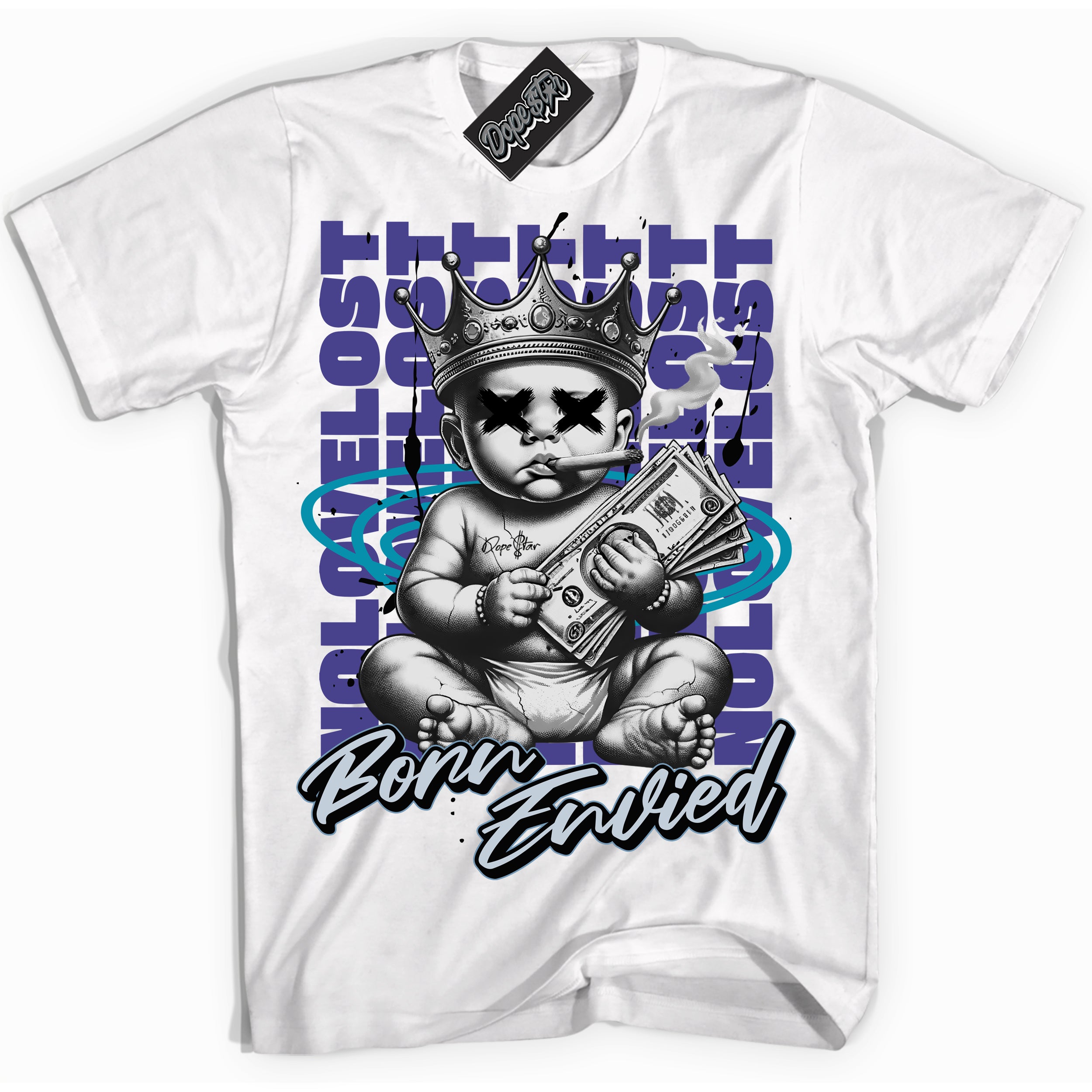 Cool White Shirt with “Born Envied” design that perfectly matches the Aqua 6s Sneakers.