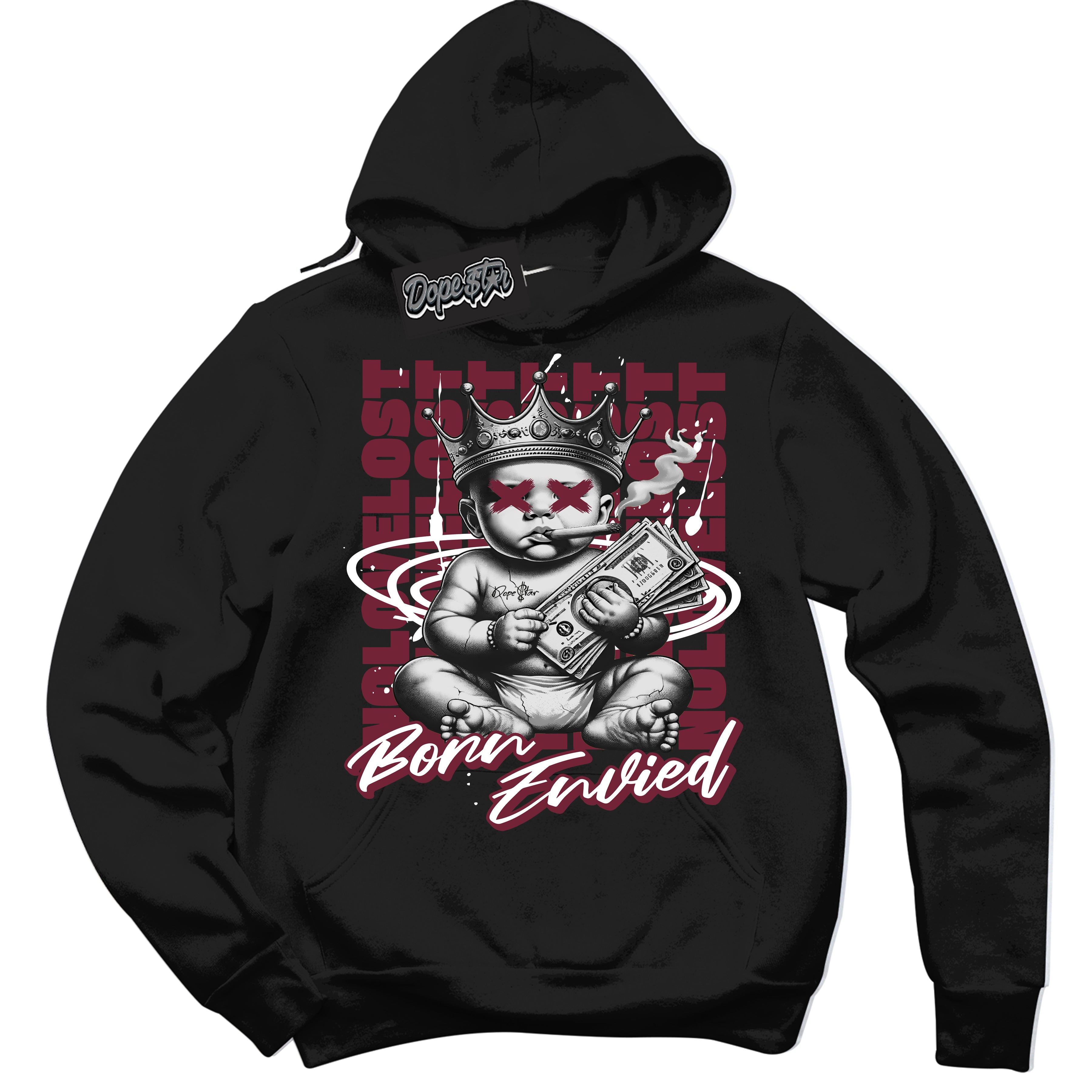 Cool Black Hoodie with “Born Envied” design that Perfectly Matches Rings Team Red 6s Sneakers.