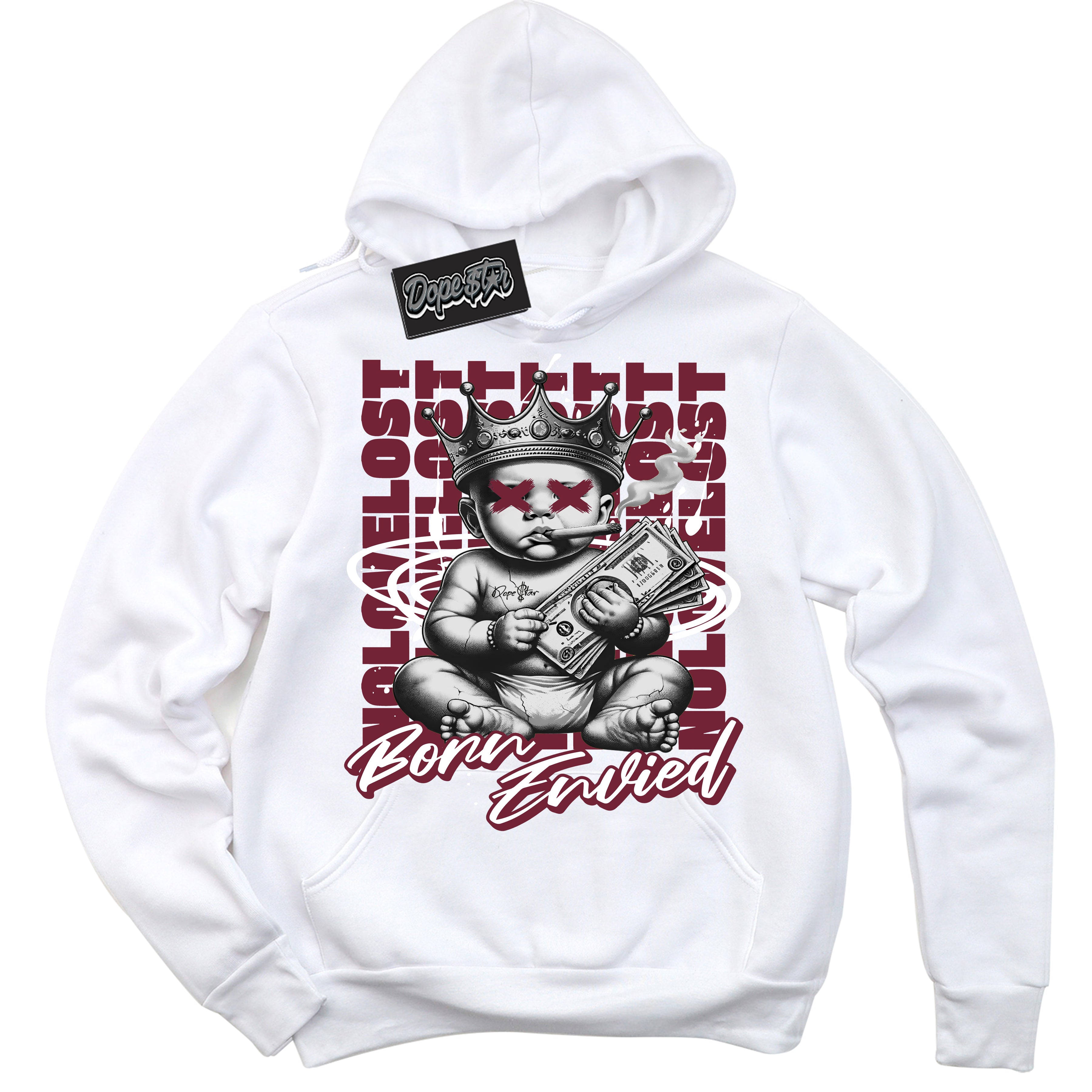 Cool White Hoodie with “Born Envied” design that Perfectly Matches Rings Team Red 6s Sneakers.