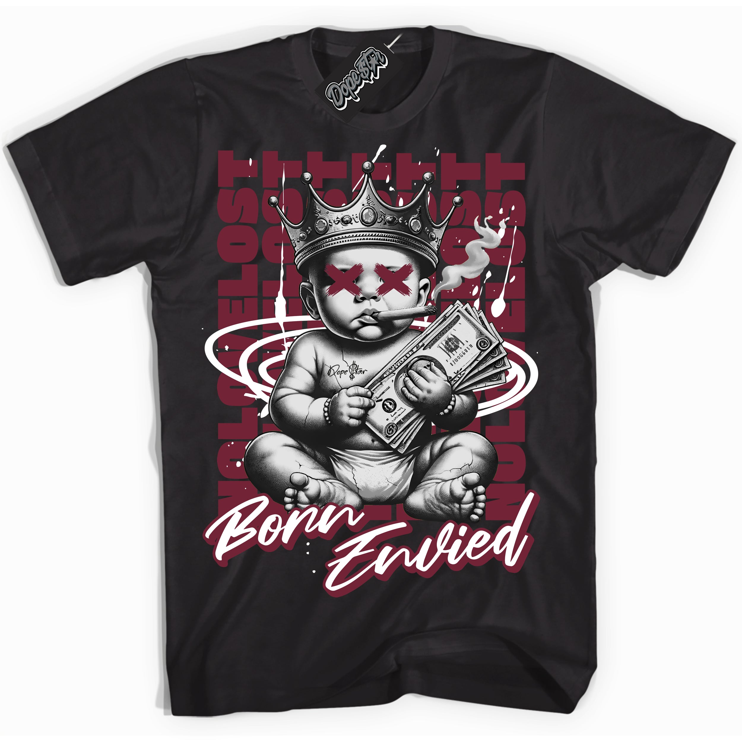 Cool Black Shirt with “Born Envied” design that perfectly matches the Rings Team Red 6s Sneakers.