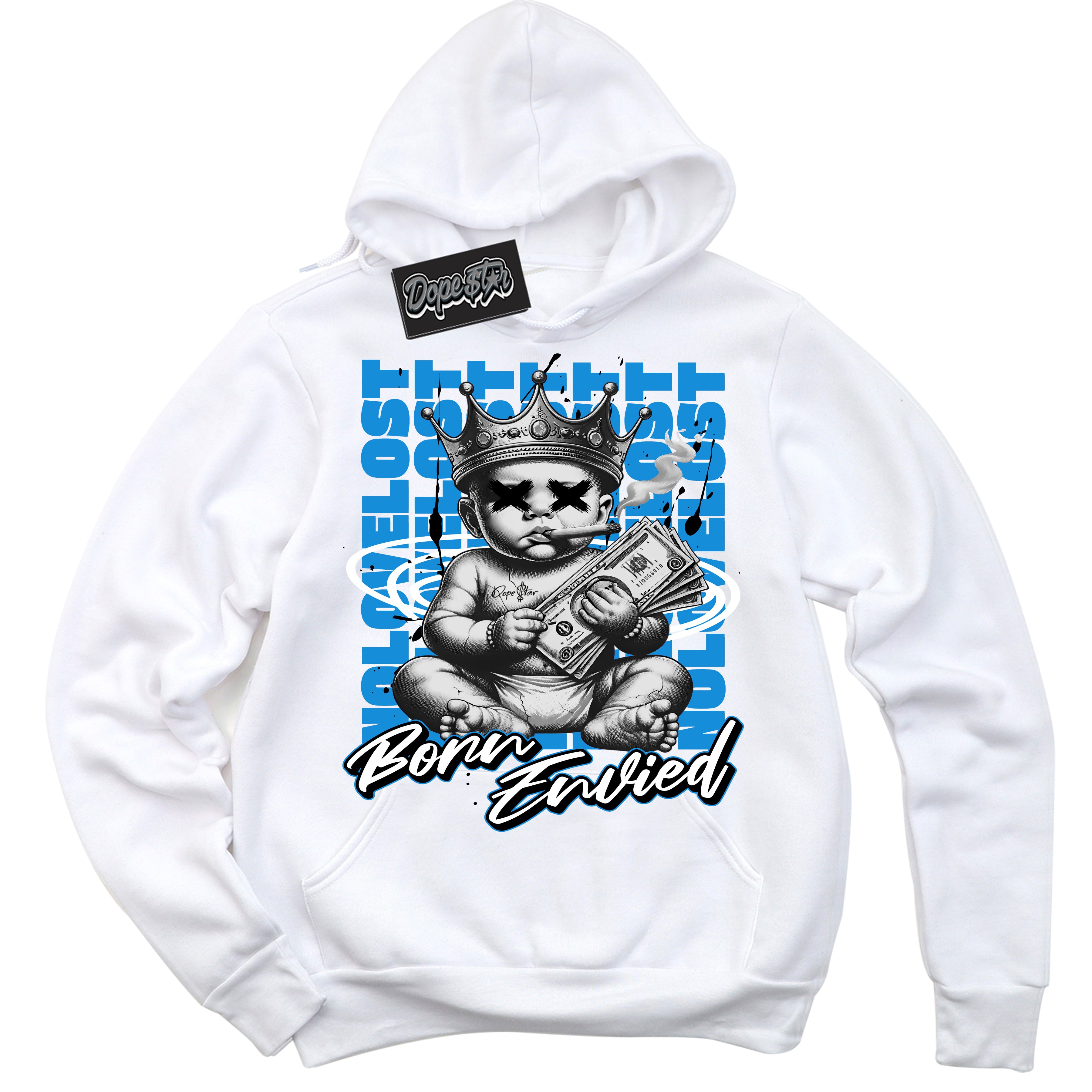 Cool White Hoodie with “Born Envied” design that Perfectly Matches Powder Blue 9s Sneakers.