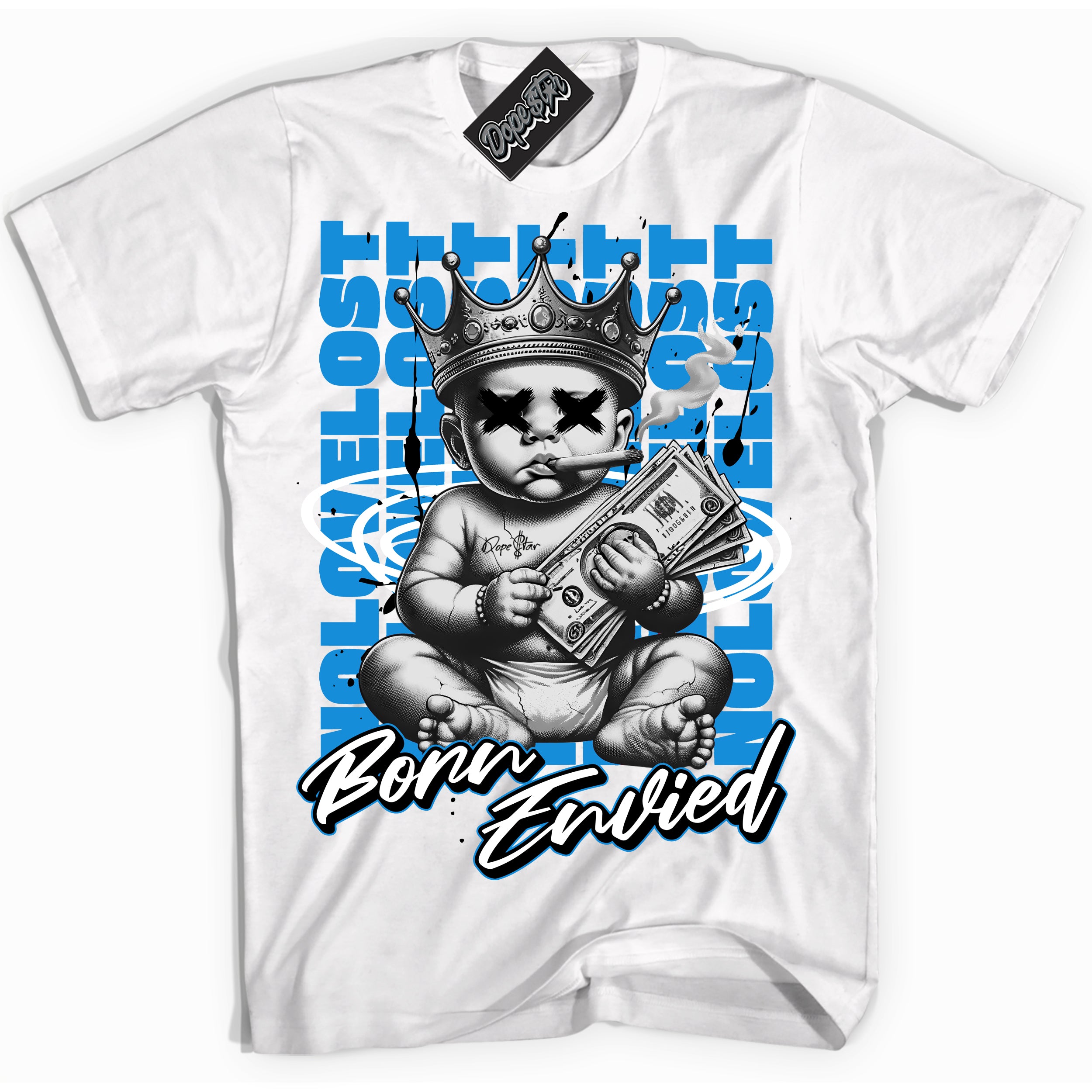 Cool White Shirt with “Born Envied” design that perfectly matches the Powder Blue 9s Sneakers.