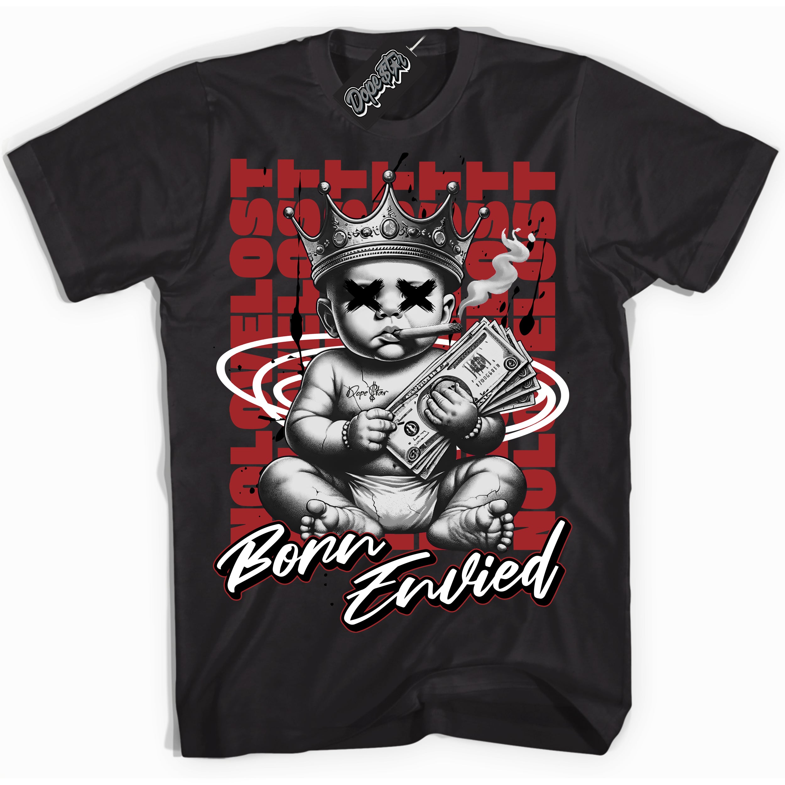 Cool Black Shirt with “Born Envied” design that perfectly matches the Cherry 12s Sneakers.