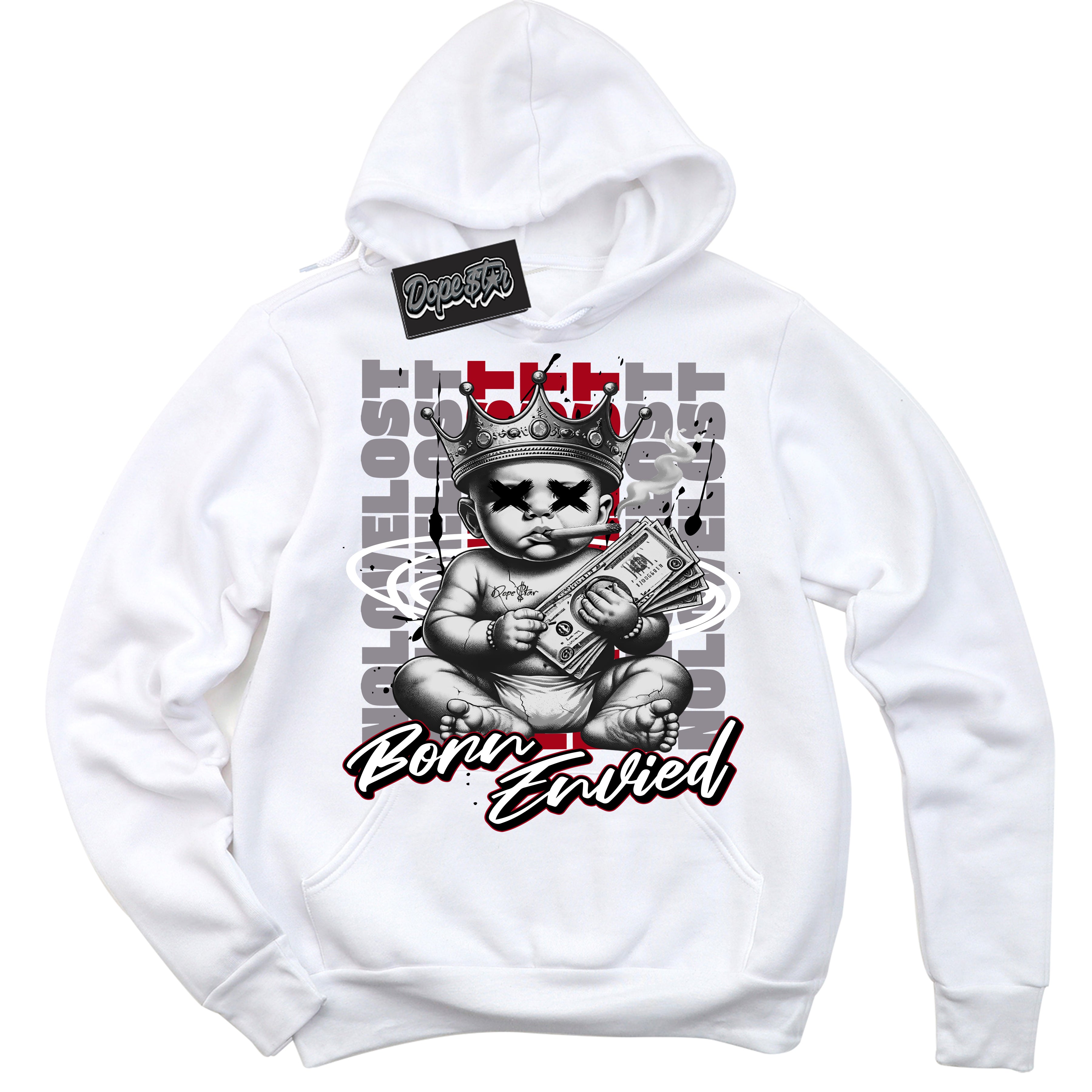 Cool White Hoodie with “Born Envied” design that Perfectly Matches Bred Reimagined 4s Sneakers.