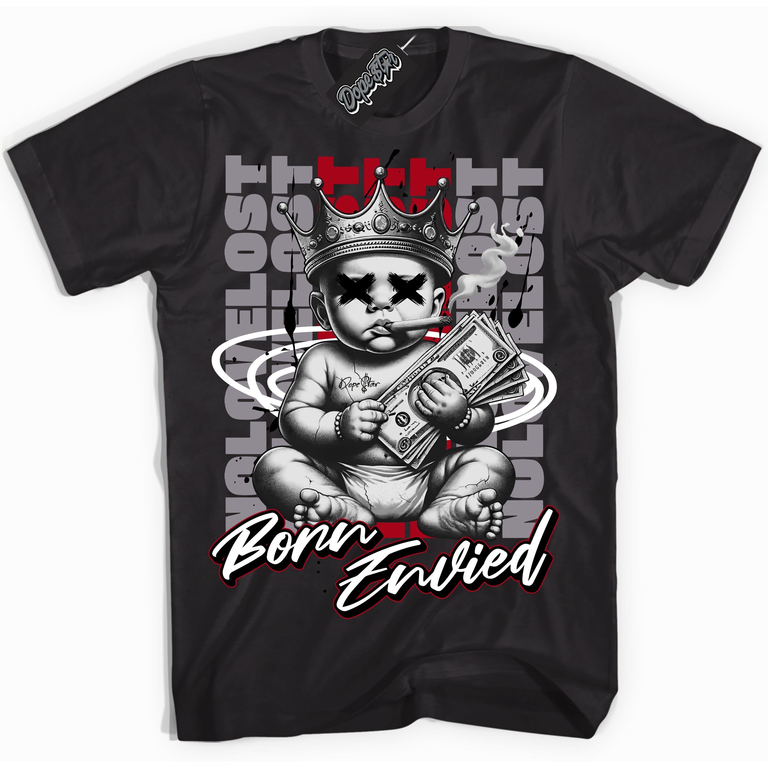 Cool Black Shirt with “Born Envied” design that perfectly matches the Bred Reimagined 4s Sneakers.