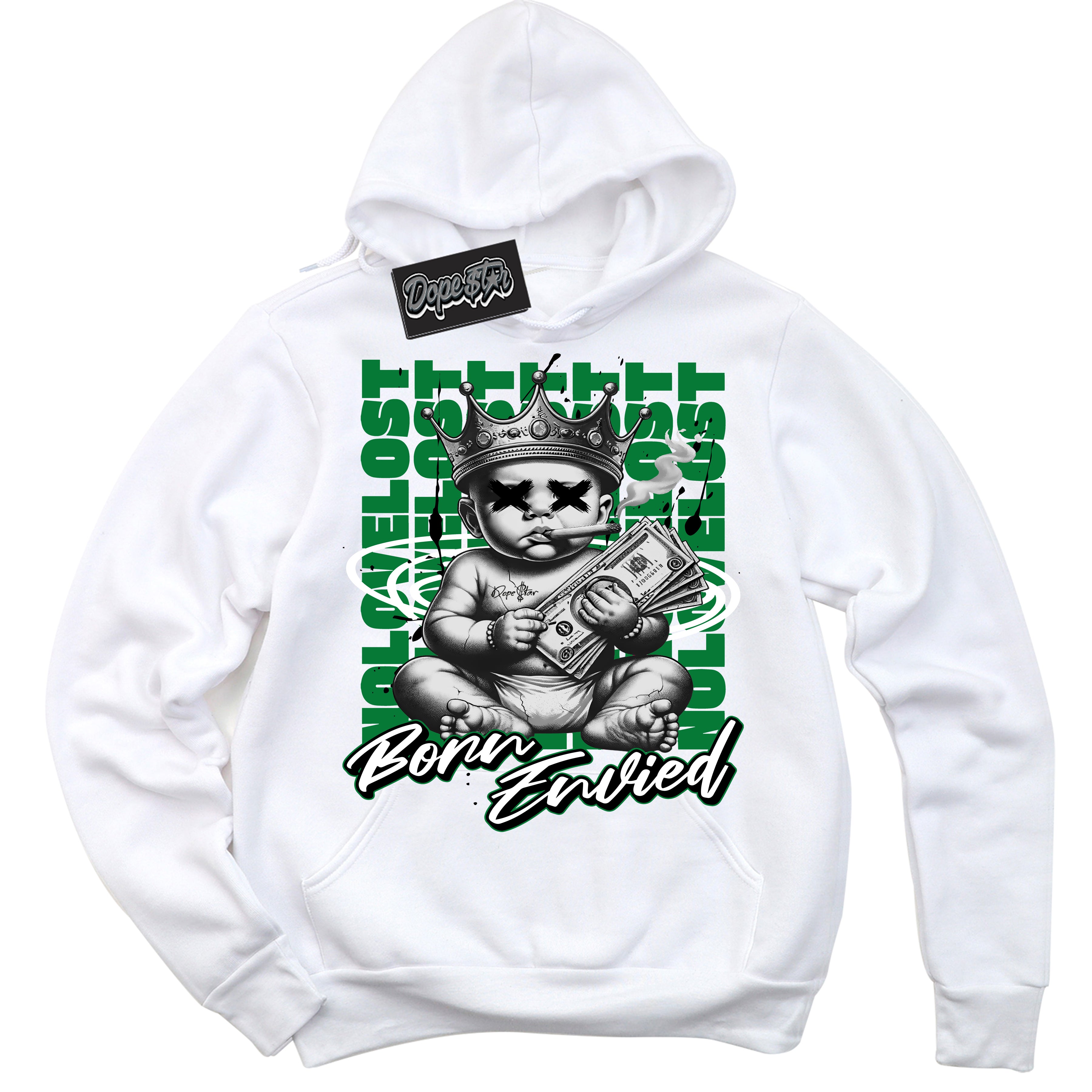 Cool White Hoodie with “Born Envied” design that Perfectly Matches Lucky Green 5s Sneakers.