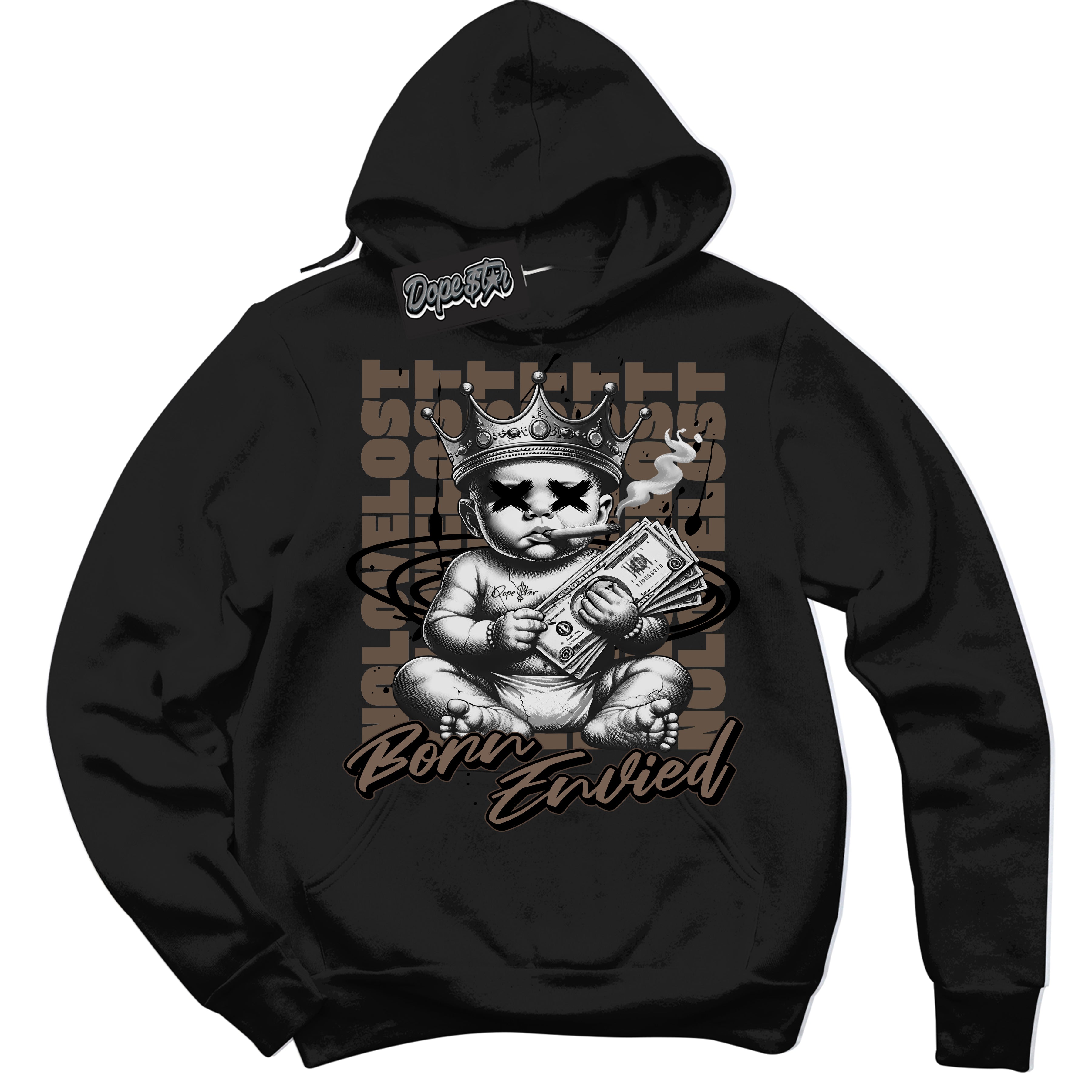 Cool Black Hoodie with “Born Envied” design that Perfectly Matches Jumpman Jack TR Travis Scott Dark Mocha Sneakers.