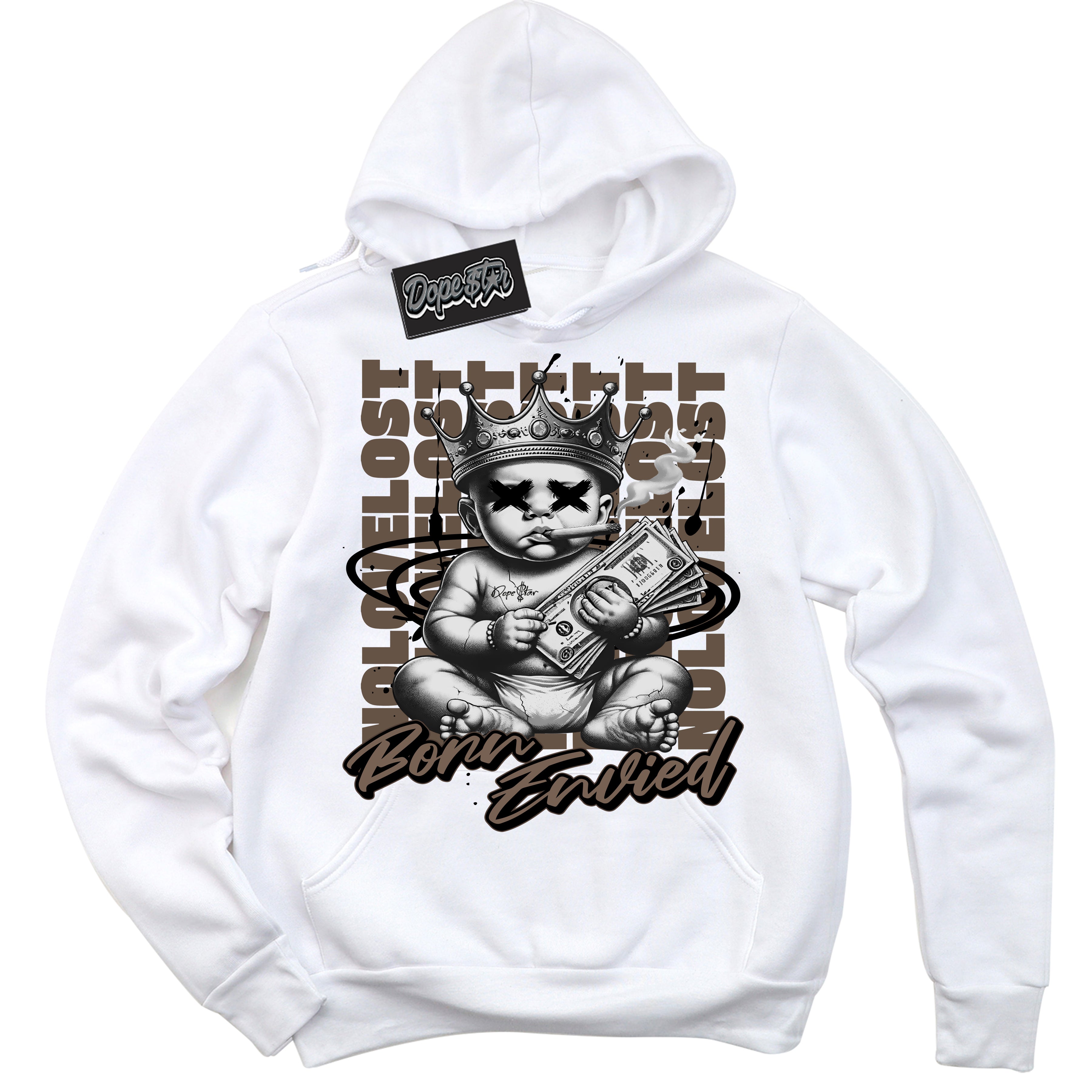 Cool White Hoodie with “Born Envied” design that Perfectly Matches Jumpman Jack TR Travis Scott Dark Mocha Sneakers.