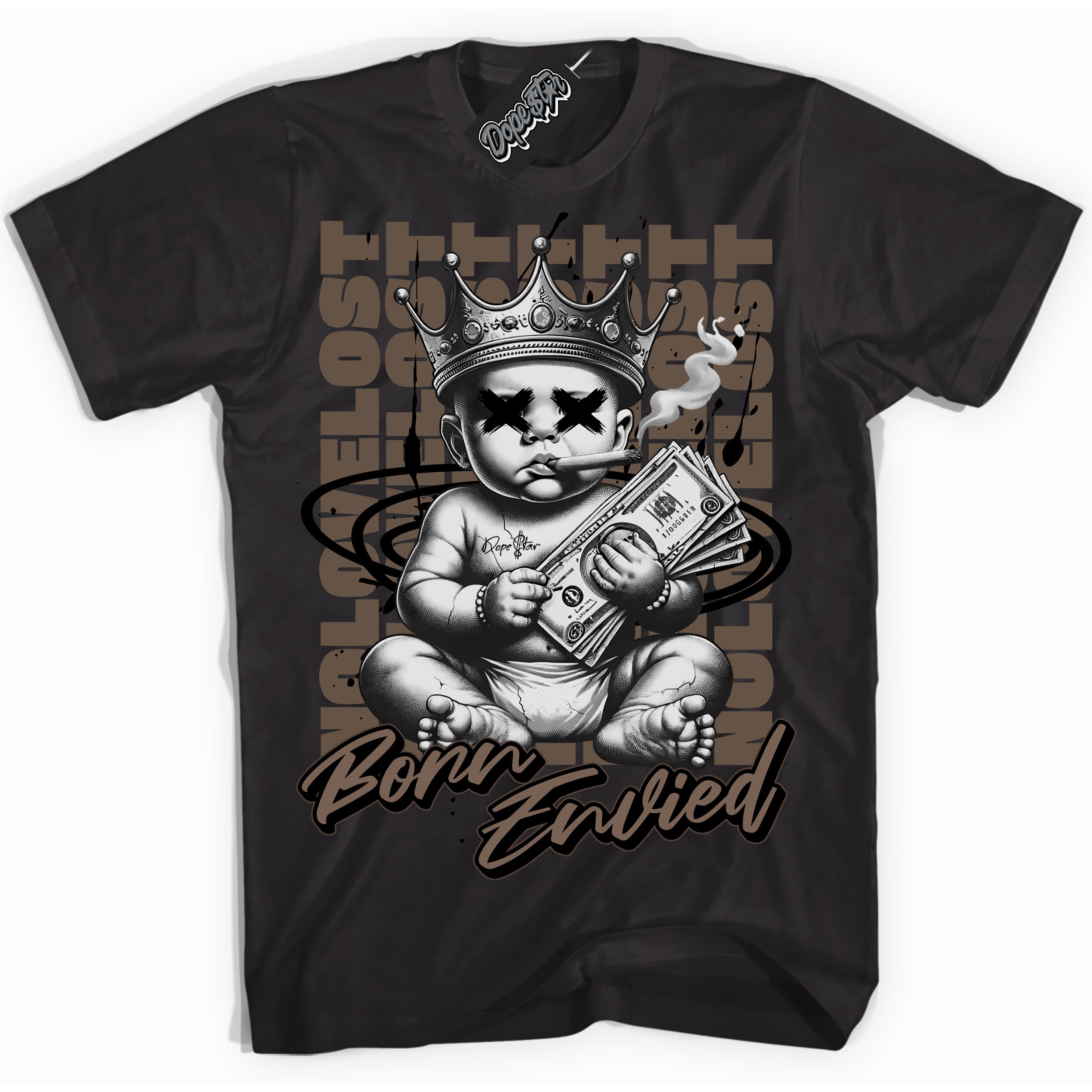 Cool Black Shirt with “Born Envied” design that perfectly matches the Jumpman Jack TR Travis Scott Dark Mocha Sneakers.