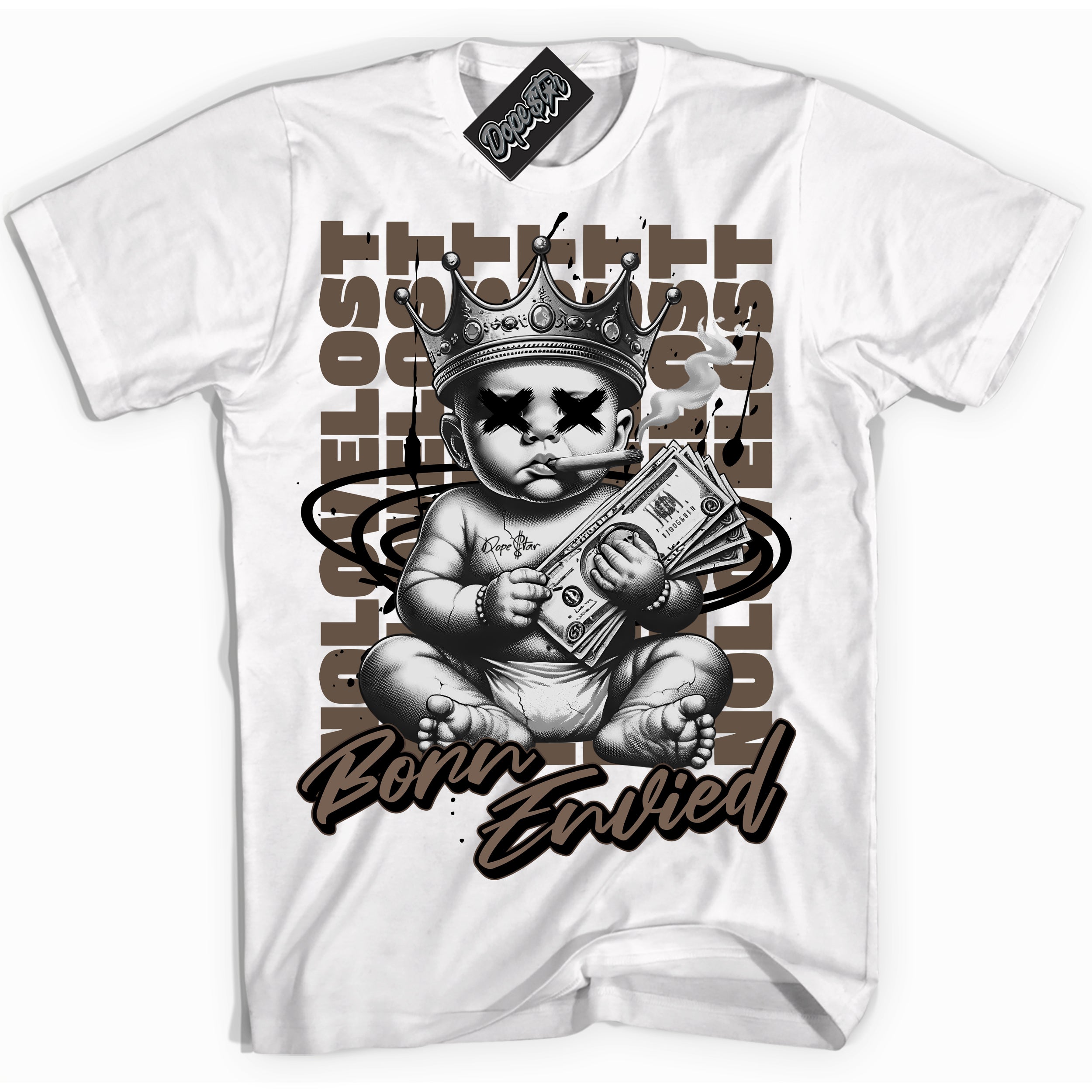 Cool White Shirt with “Born Envied” design that perfectly matches the Jumpman Jack TR Travis Scott Dark Mocha Sneakers.