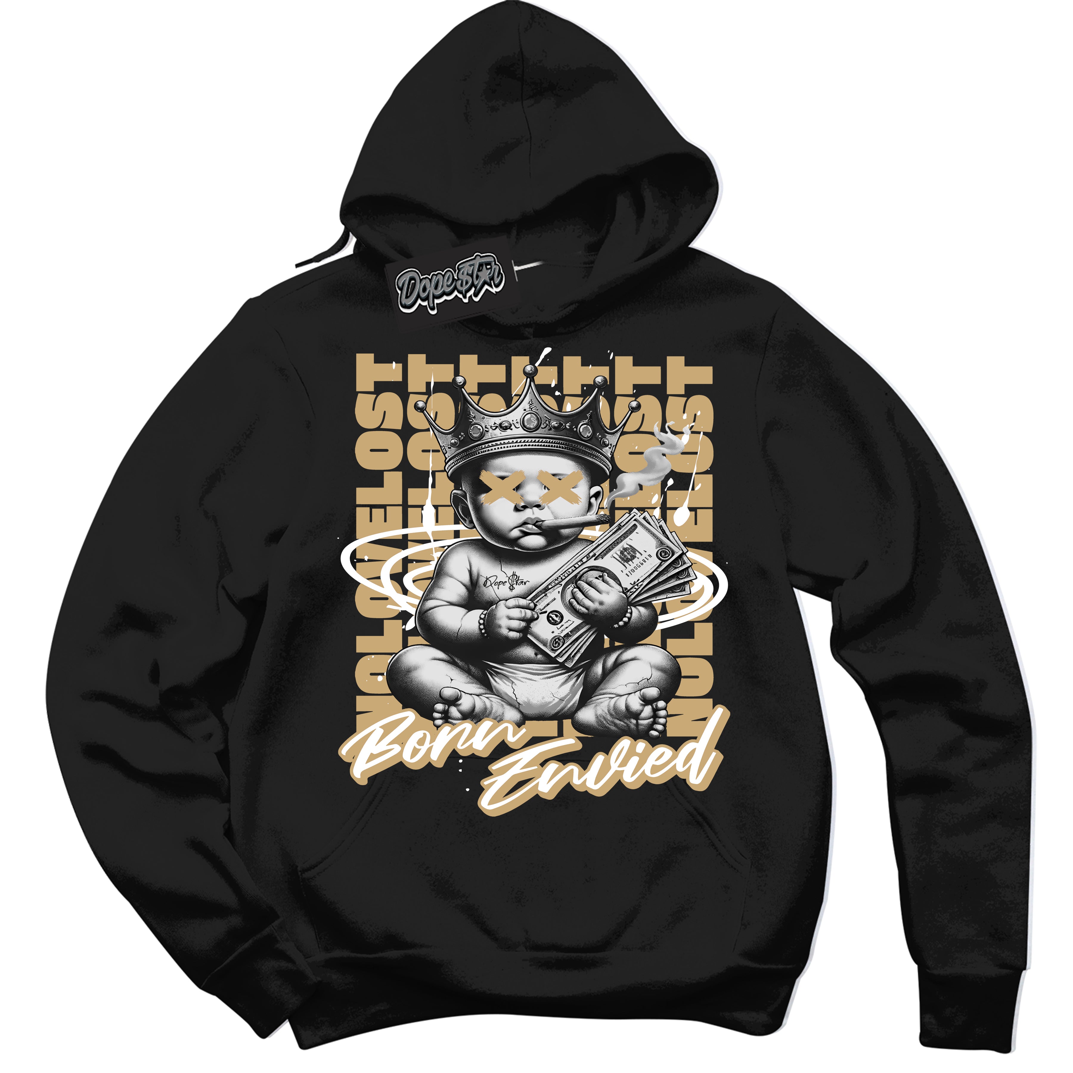 Jordan MVP White Metallic Gold ‘Born Envied’ – Black Streetwear Hoodie | Sneaker Matching sweatshirt for Jordan MVP White Metallic Gold | Men's and Women's Streetwear Graphic Hoodie by Sneaker Shirts Outlet
