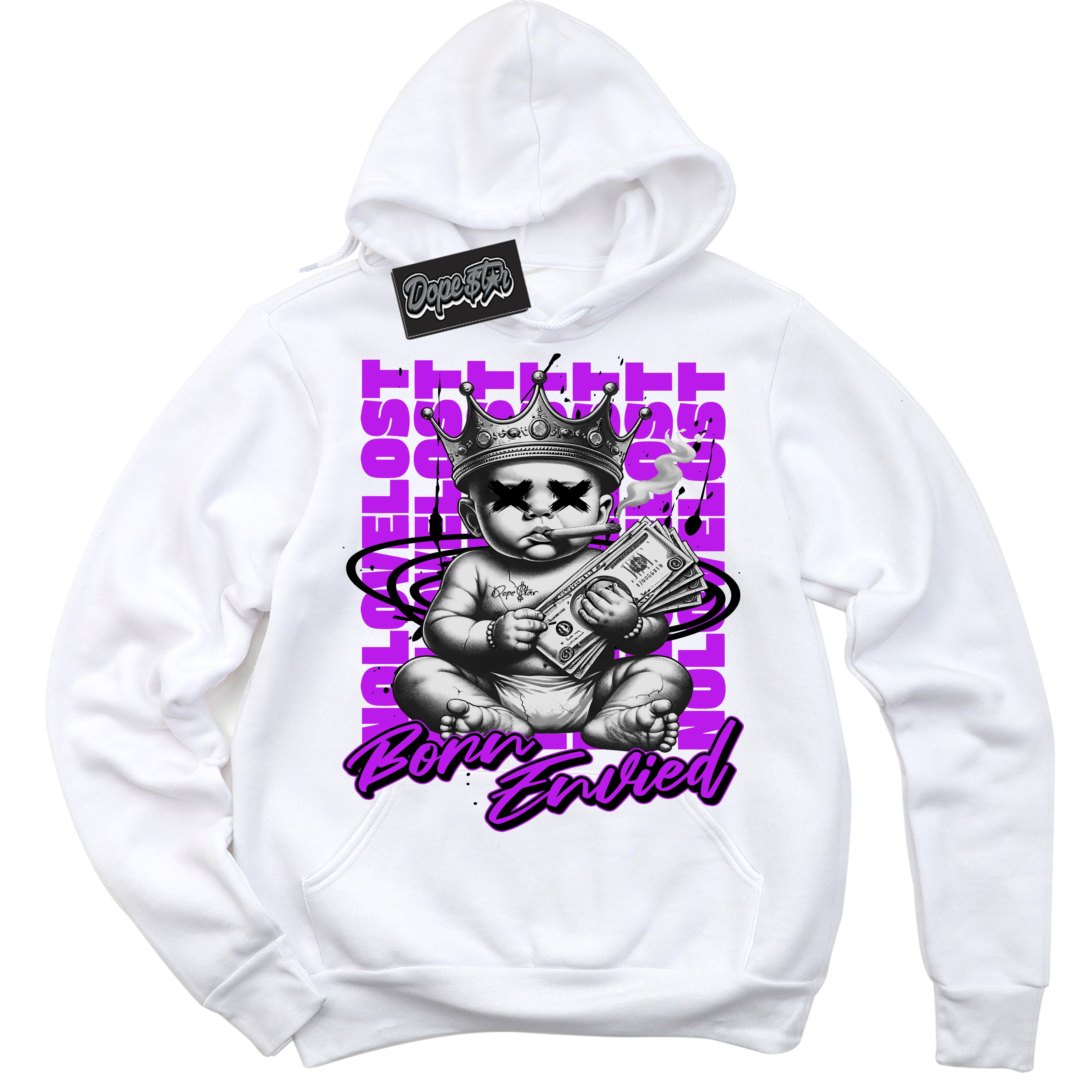 Cool White Hoodie with “Born Envied” design that Perfectly Matches RTKT Genesis Dunk Sneakers.