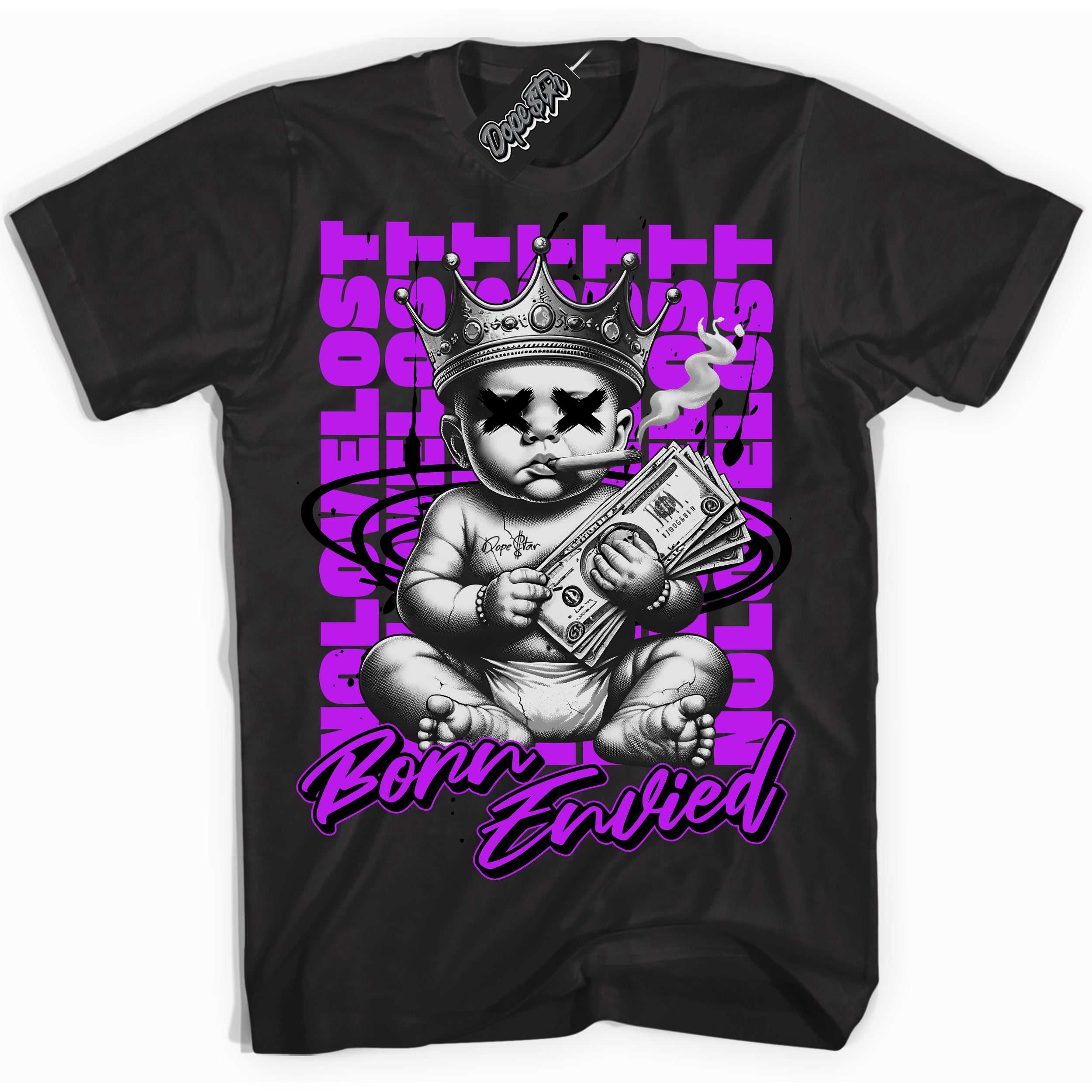 Cool Black Shirt with “Born Envied” design that perfectly matches the RTKT Genesis Dunk Sneakers.