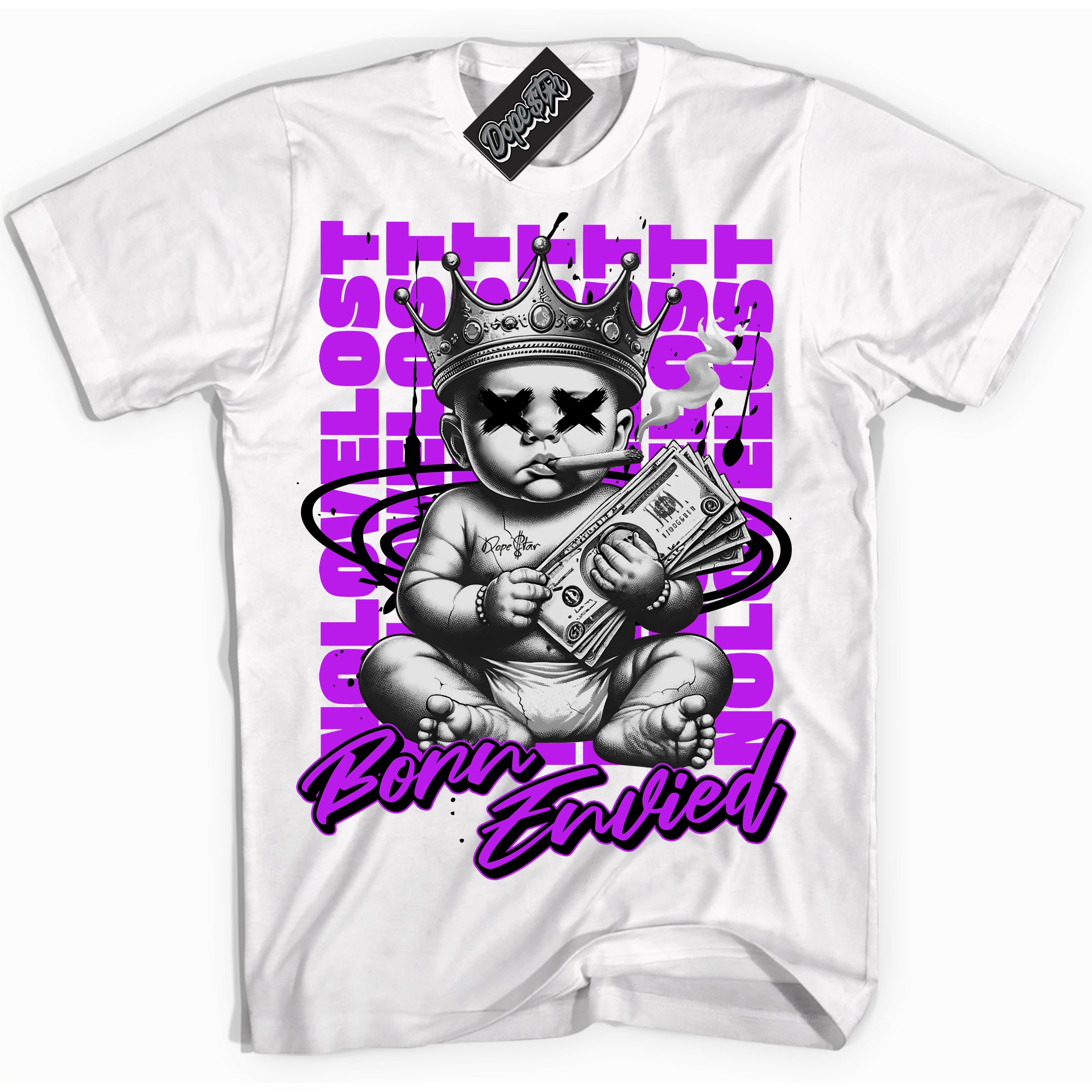 Cool White Shirt with “Born Envied” design that perfectly matches the RTKT Genesis Dunk Sneakers.