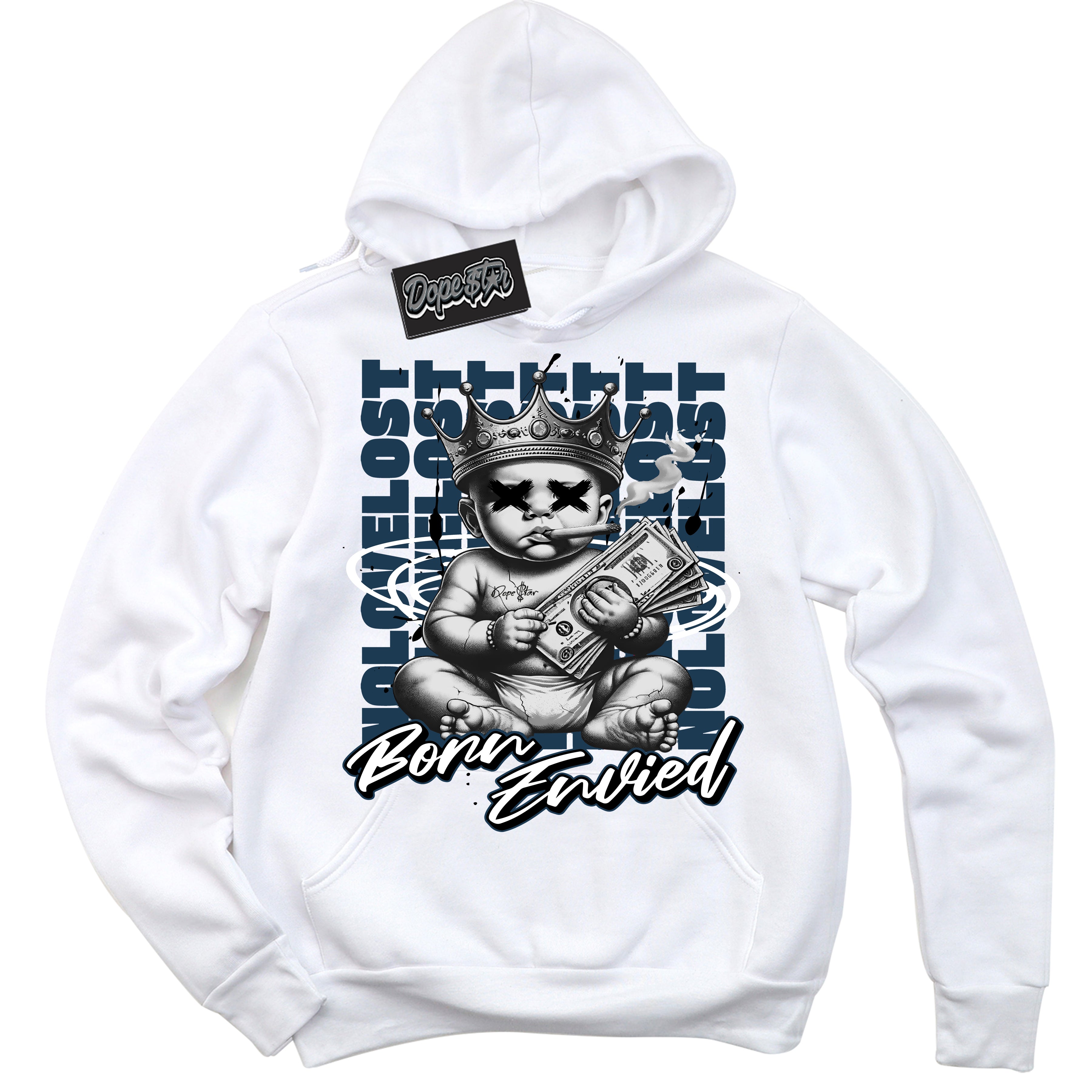 Cool White Hoodie with “Born Envied” design that Perfectly Matches Armory Navy Dunk Sneakers.