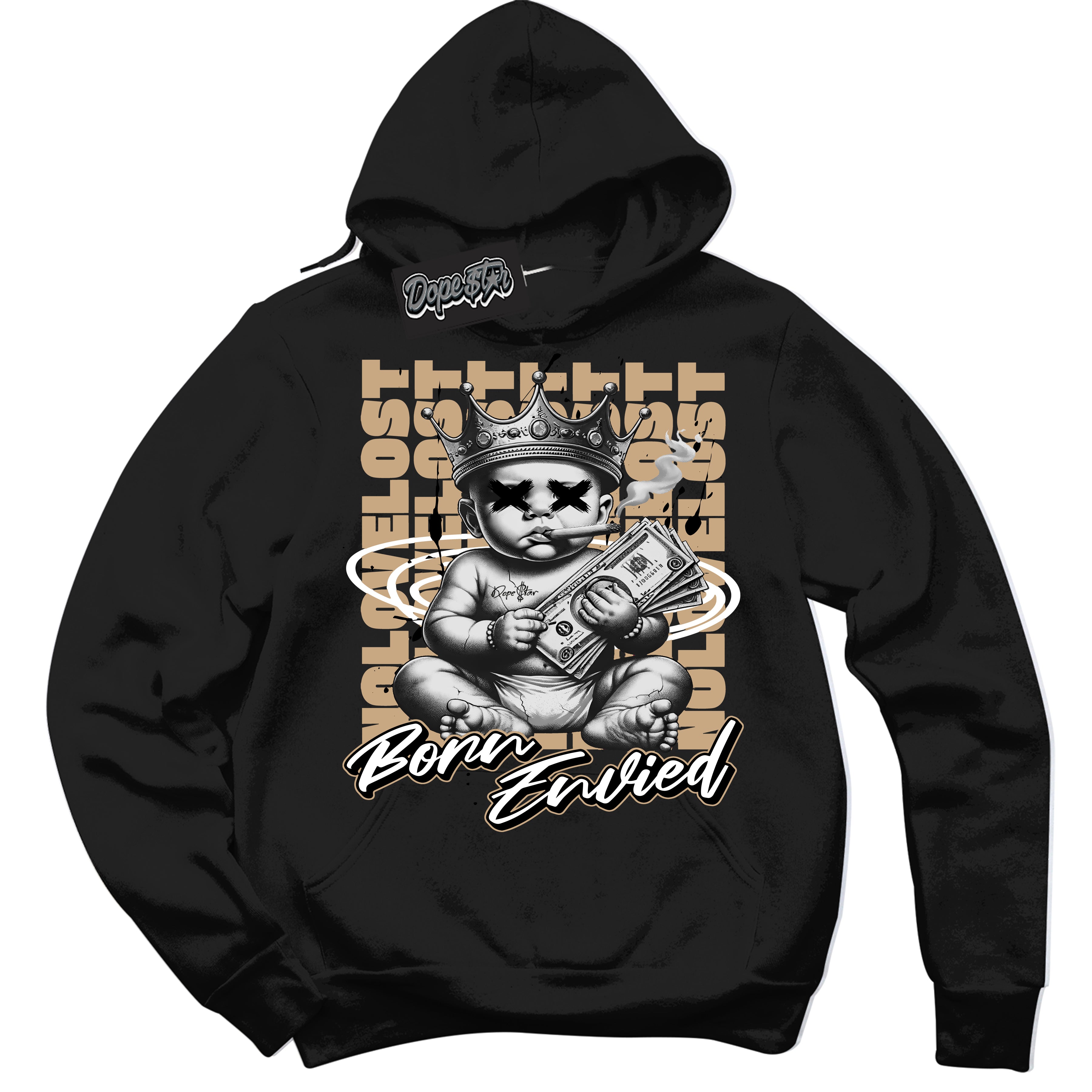 Cool Black Hoodie with “Born Envied” design that Perfectly Matches Black Anthracite Sesame Dunk Sneakers.