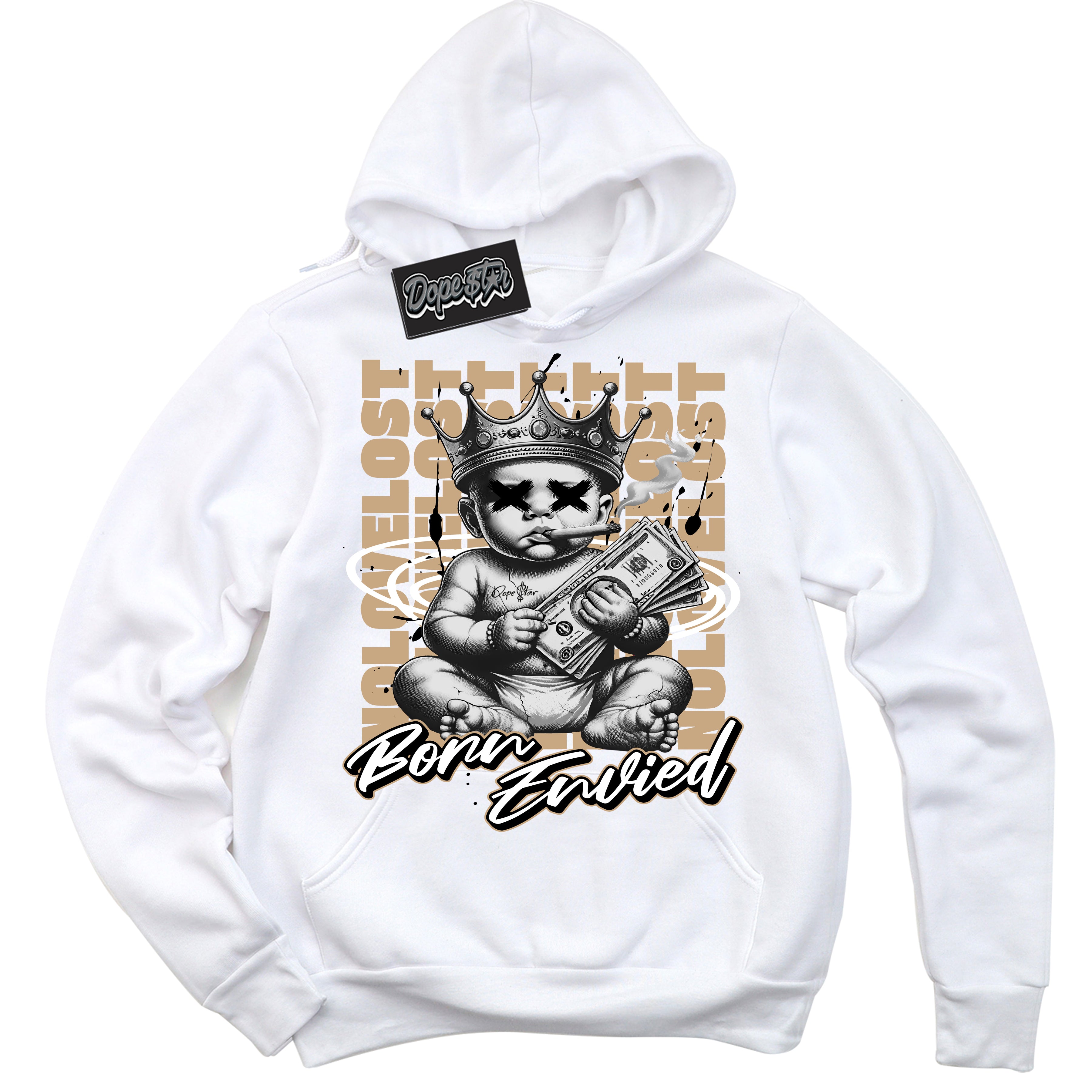 Cool White Hoodie with “Born Envied” design that Perfectly Matches Black Anthracite Sesame Dunk Sneakers.