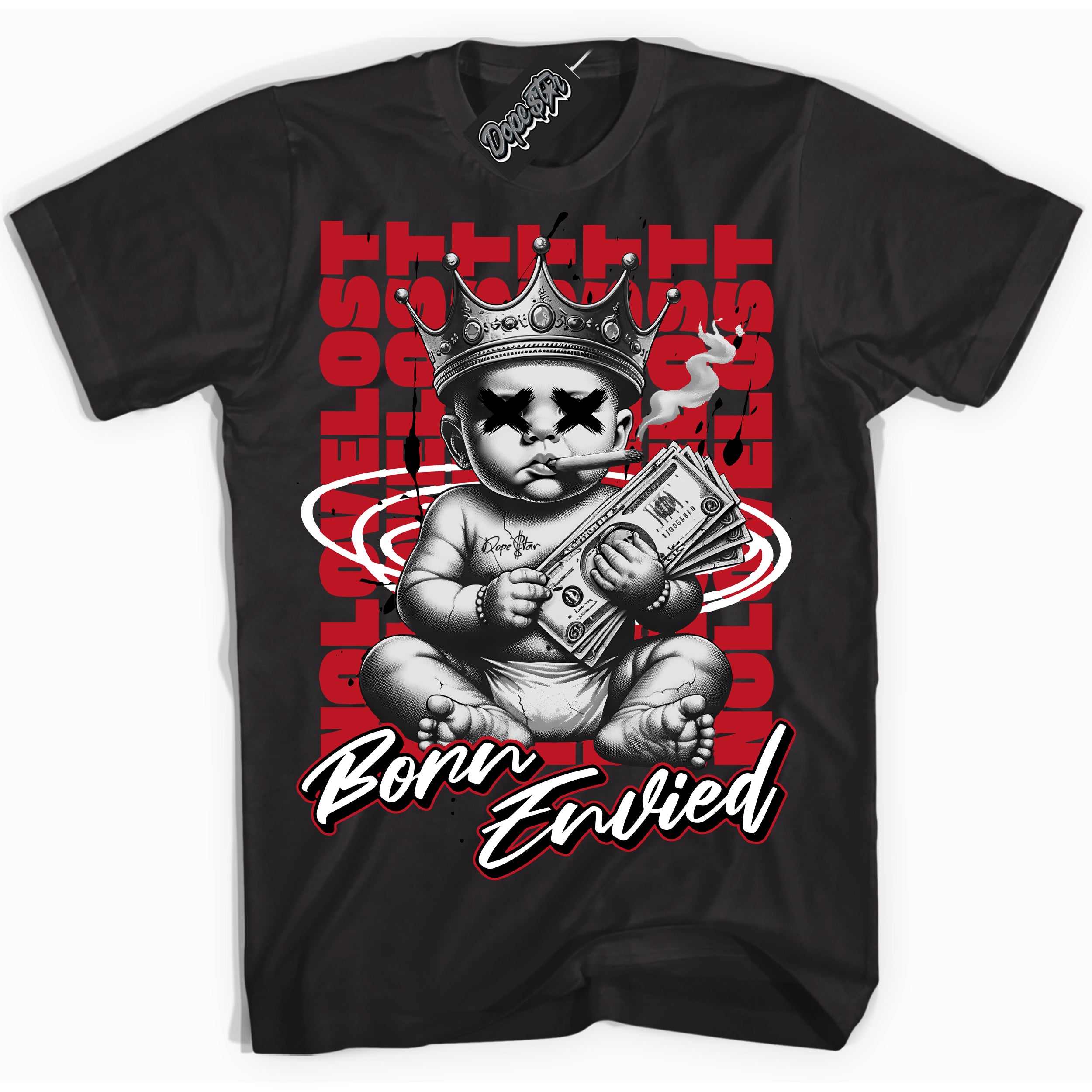 Cool Black Shirt with “Born Envied” design that perfectly matches the Black Dragon Dunk Sneakers.