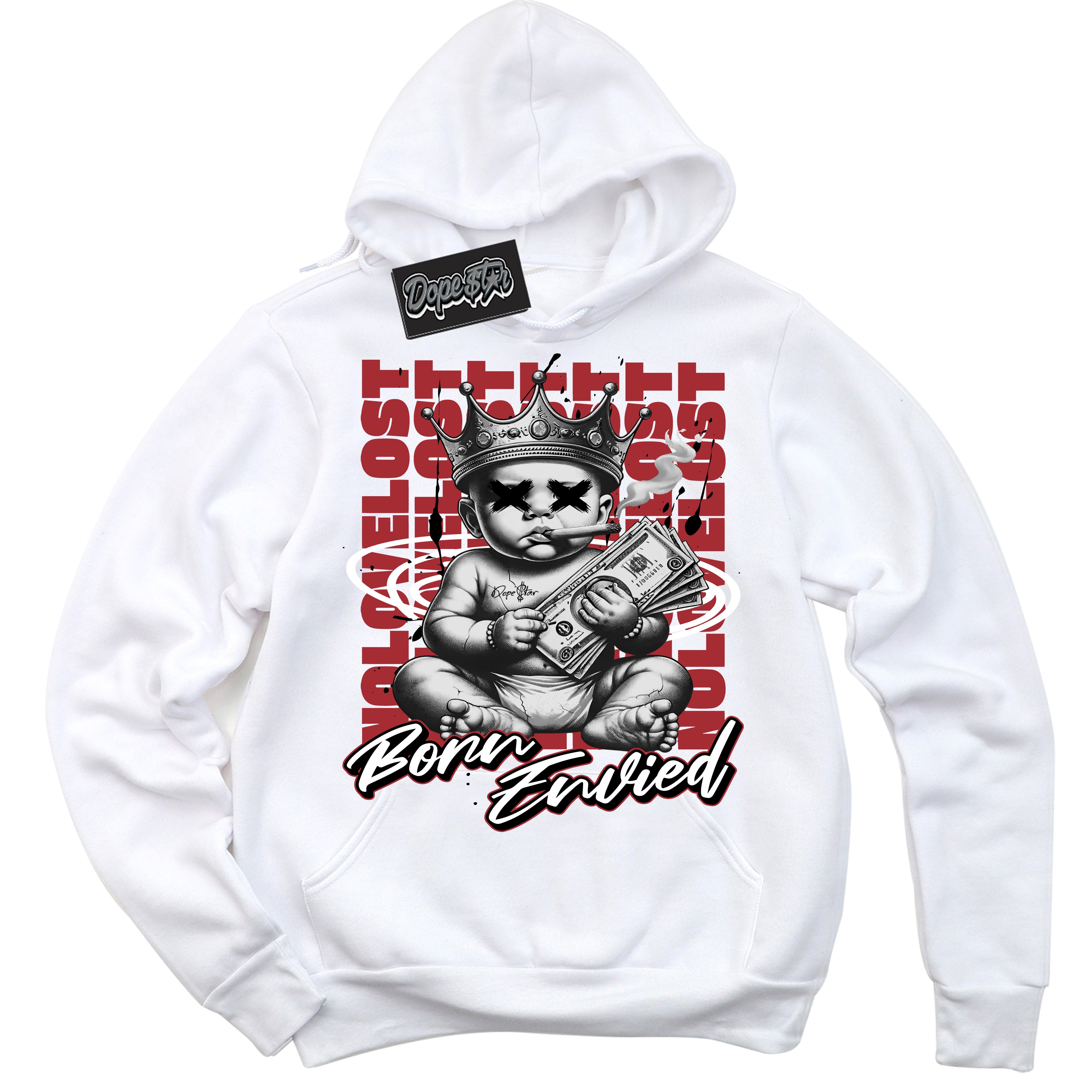 Cool White Hoodie with “Born Envied” design that Perfectly Matches Black Toe Bright Crimson Dunk Sneakers.